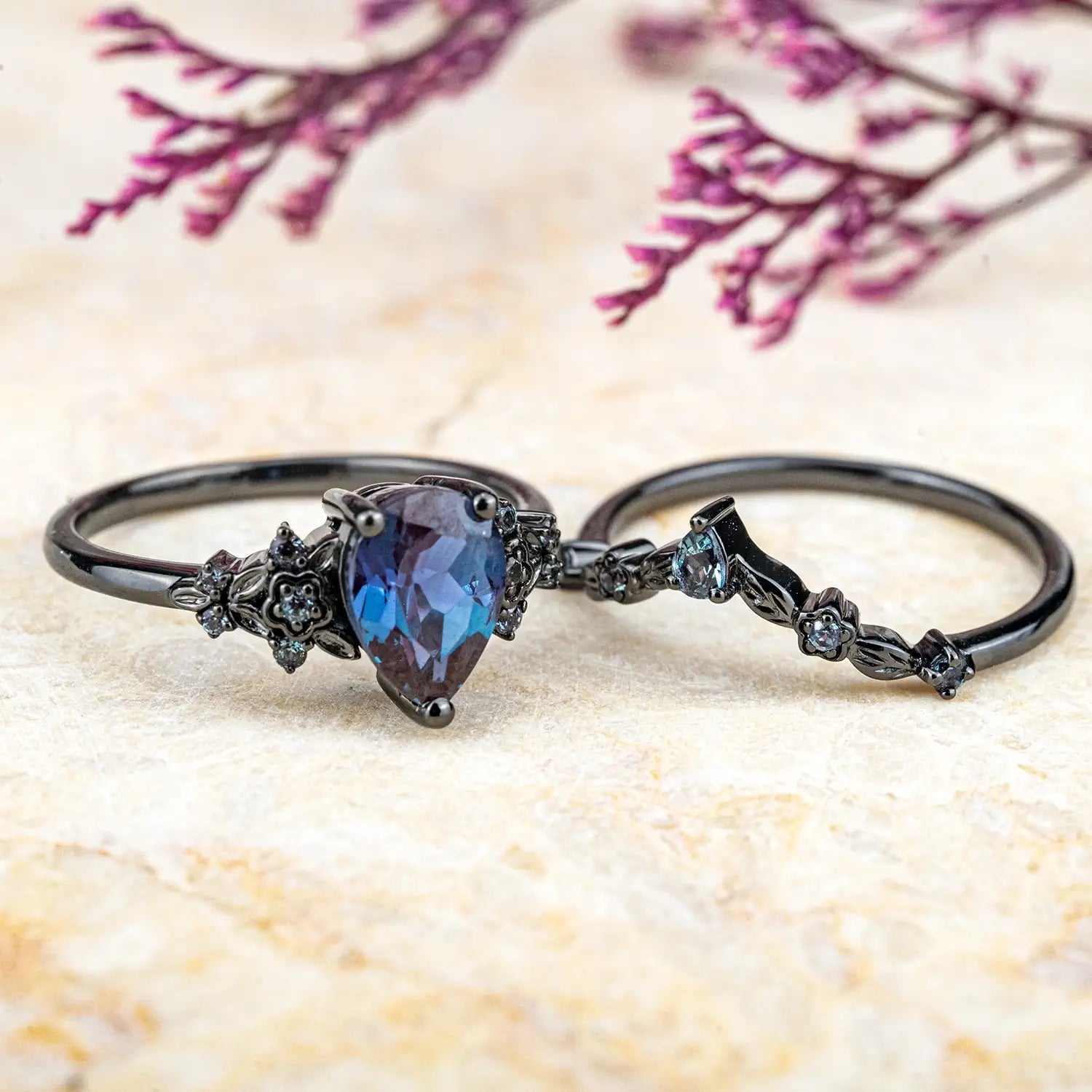 Black Gold Floral Alexandrite Ring Set – Unique Rhodium Black Bridal Artistic Jewelry Gothic Rings