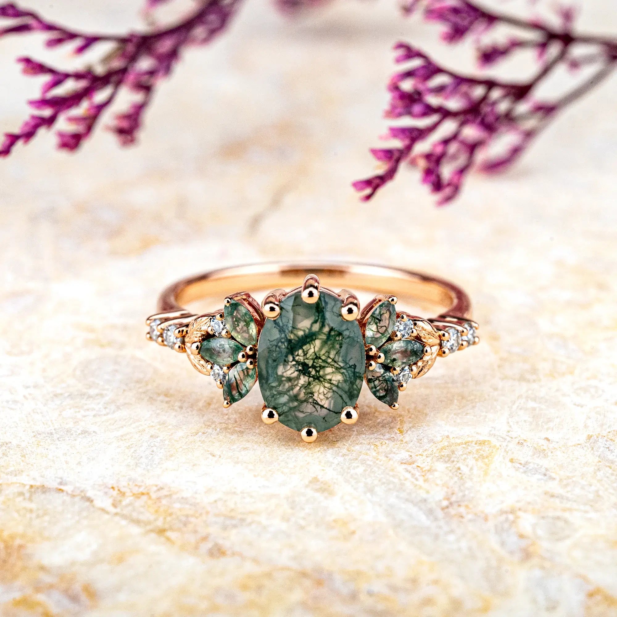 Custom Moss Agate Leaf Engagement Ring – Elegance Cluster Rings handmade jewelry for ladies anniversary gift