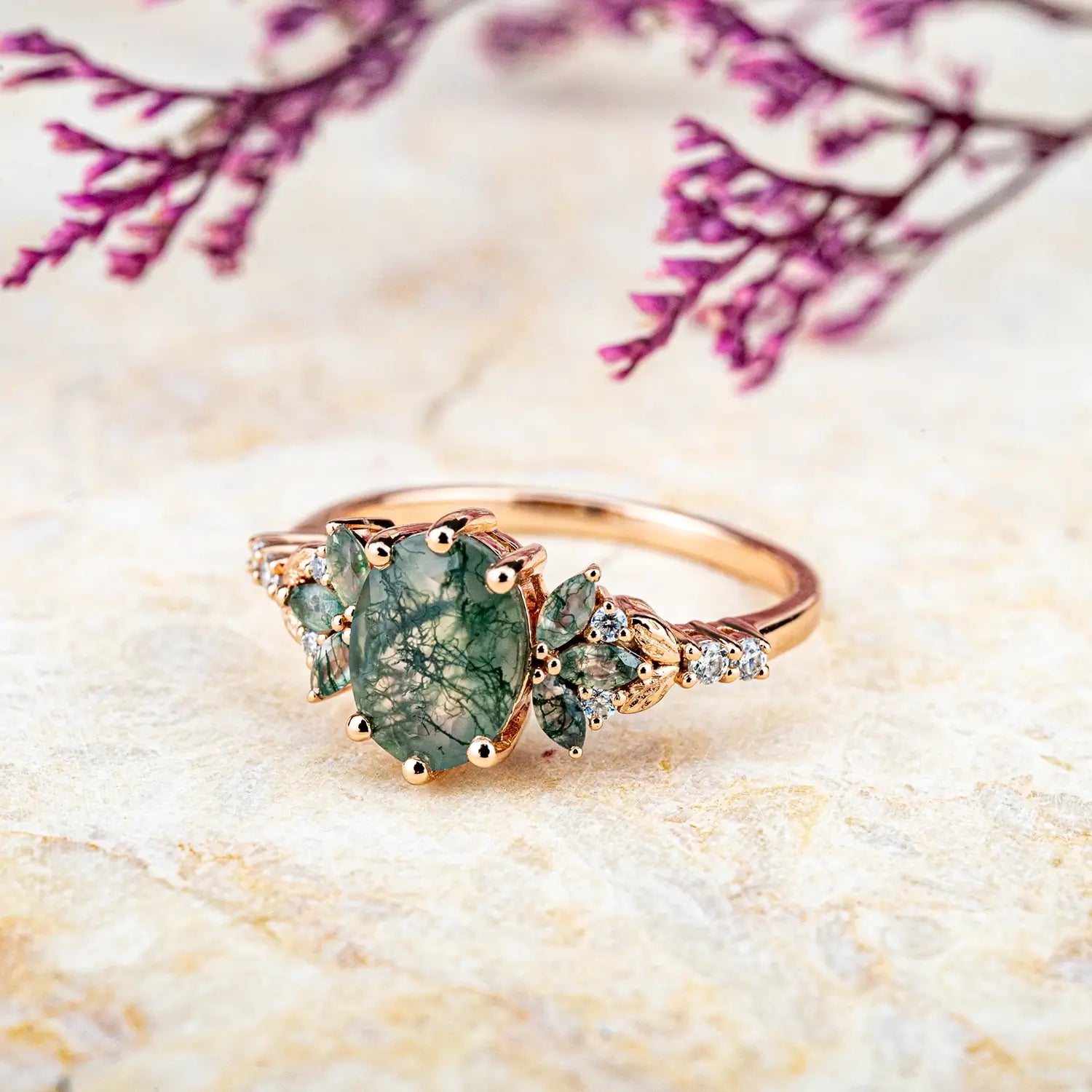 Custom Moss Agate Leaf Engagement Ring – Elegance Cluster Rings handmade jewelry for ladies anniversary gift