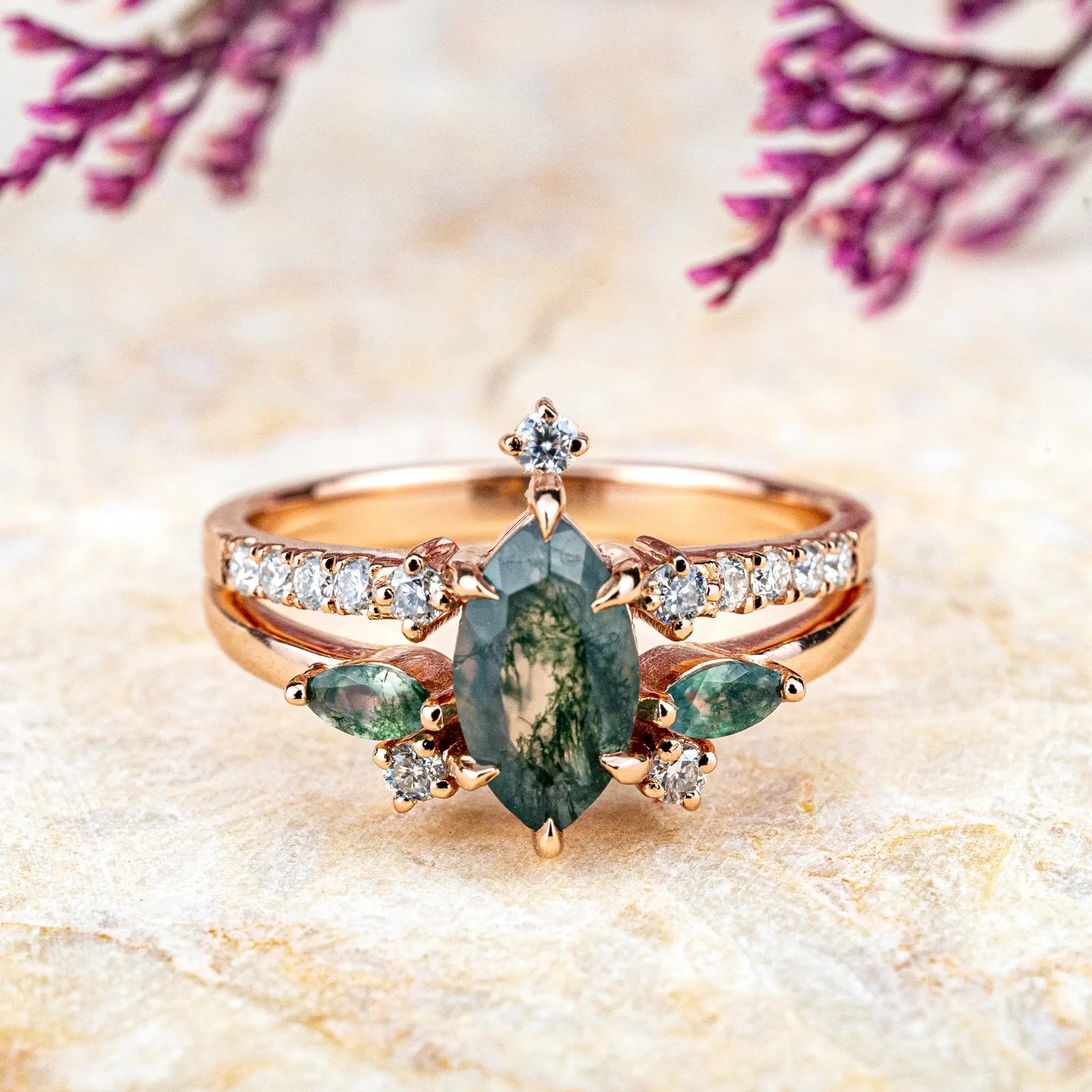 Marquise Moss Agate Engagement Rings – Unique Gothic Double Band Ring Eagle claw inlay