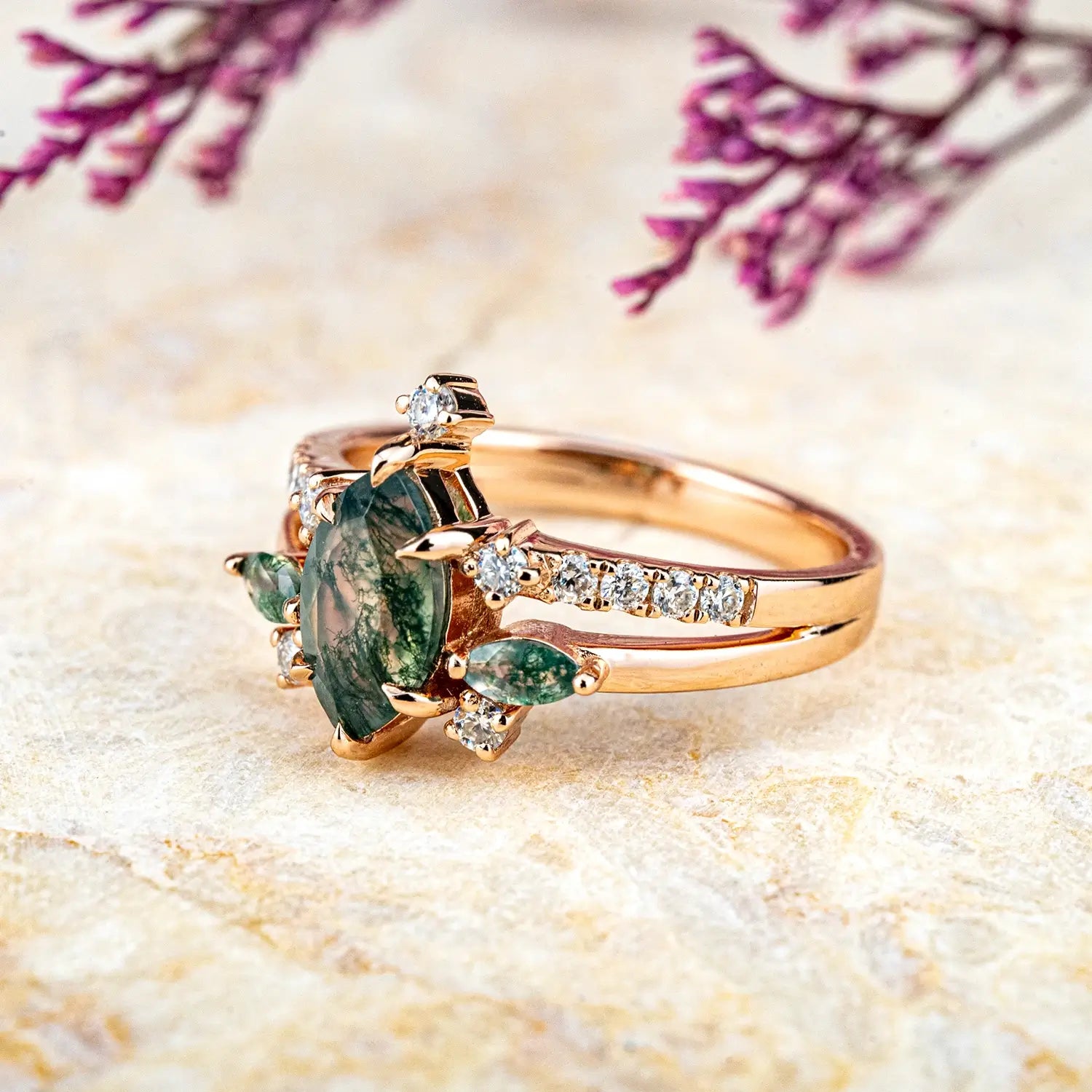 Marquise Moss Agate Engagement Rings – Unique Gothic Double Band Ring