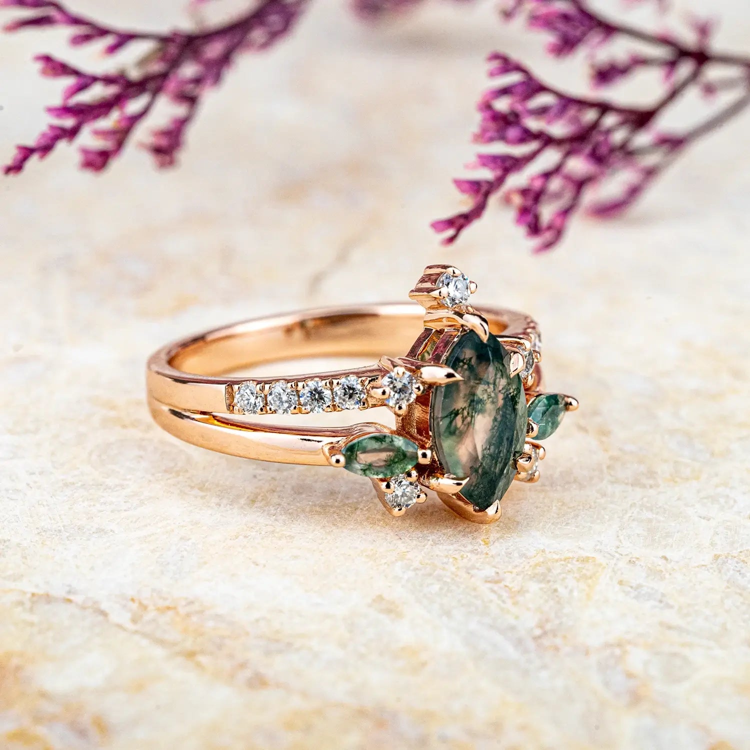 custom handmade Marquise Moss Agate Engagement Rings – Unique Gothic Double Band Ring