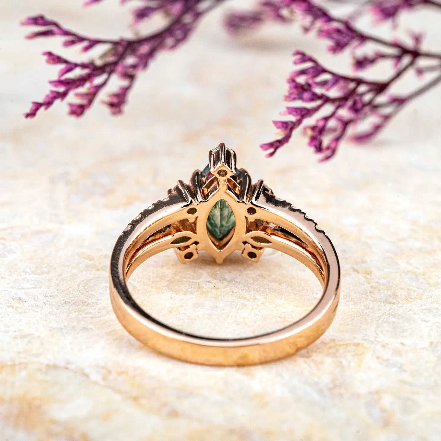 Marquise Moss Agate Engagement Rings – Unique Gothic Double Band Ring