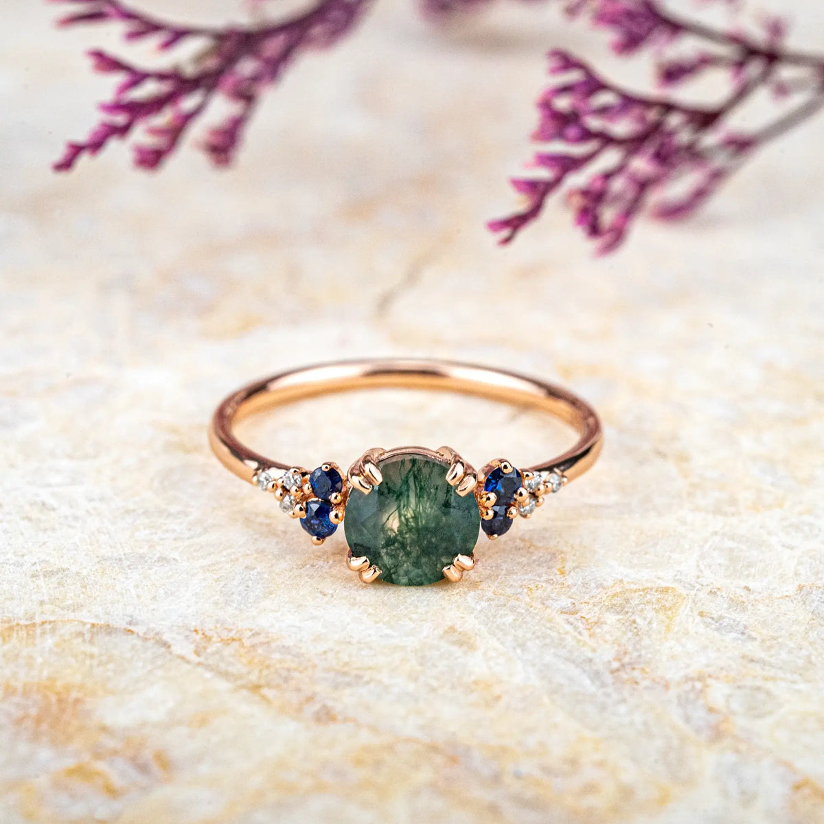 Round Cut Moss Agate Ring - Cluster Engagement Rings Double Claw Design 18k rose gold promise rings