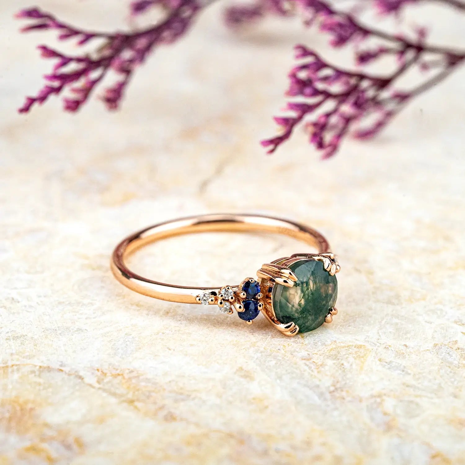 Round Cut Moss Agate Ring - Cluster Engagement Rings Double Claw Design 18k rose gold promise rings