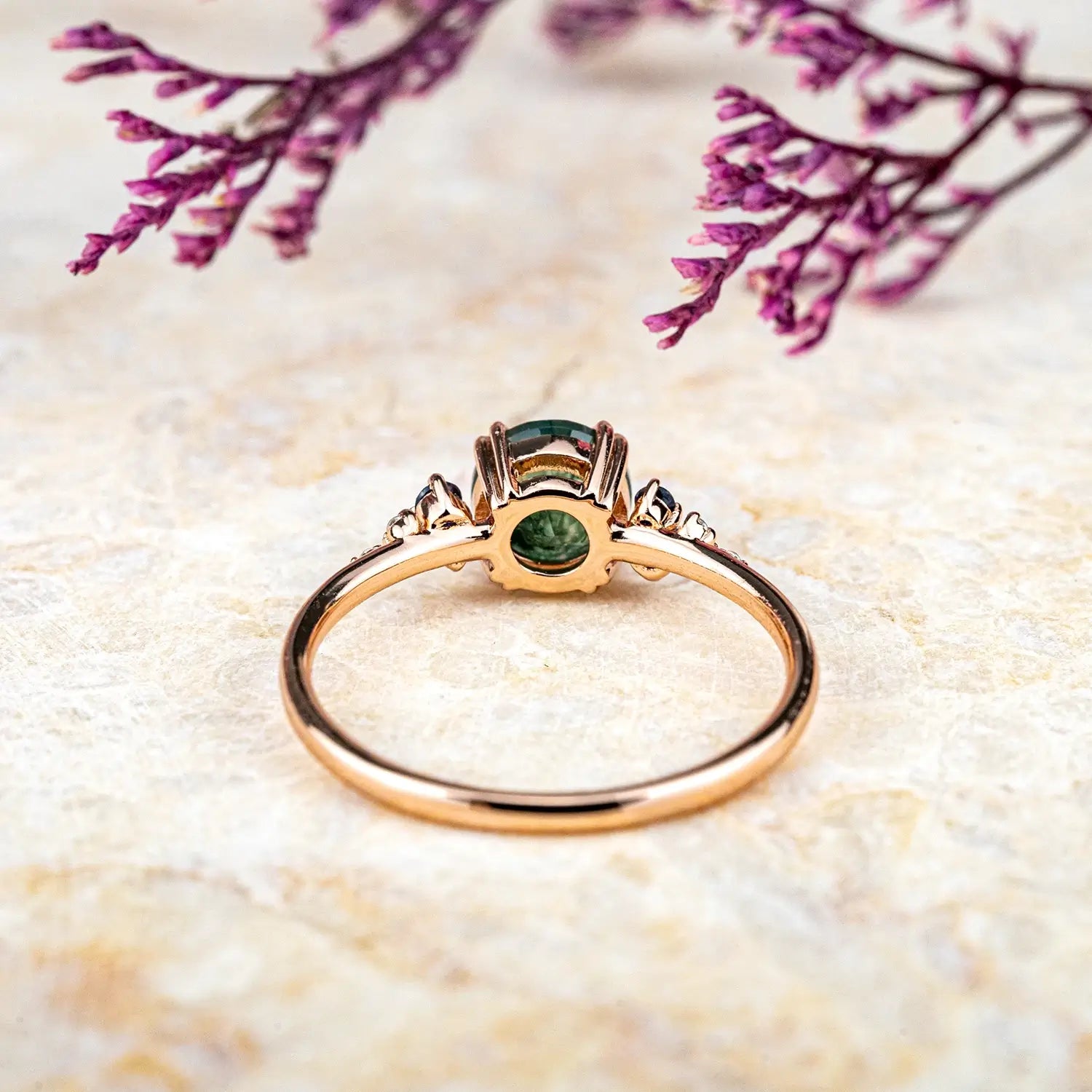Round Cut Moss Agate Ring - Cluster Engagement Rings Double Claw Design 18k rose gold promise rings