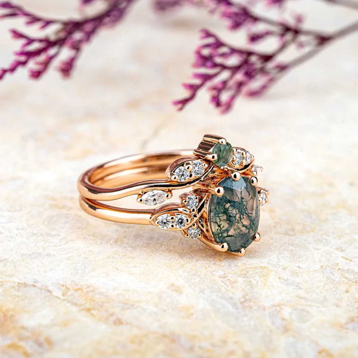 custom Oval Moss Agate Engagement Ring Set – Luxurious Promise Rings Bridal Sets anniversary gift