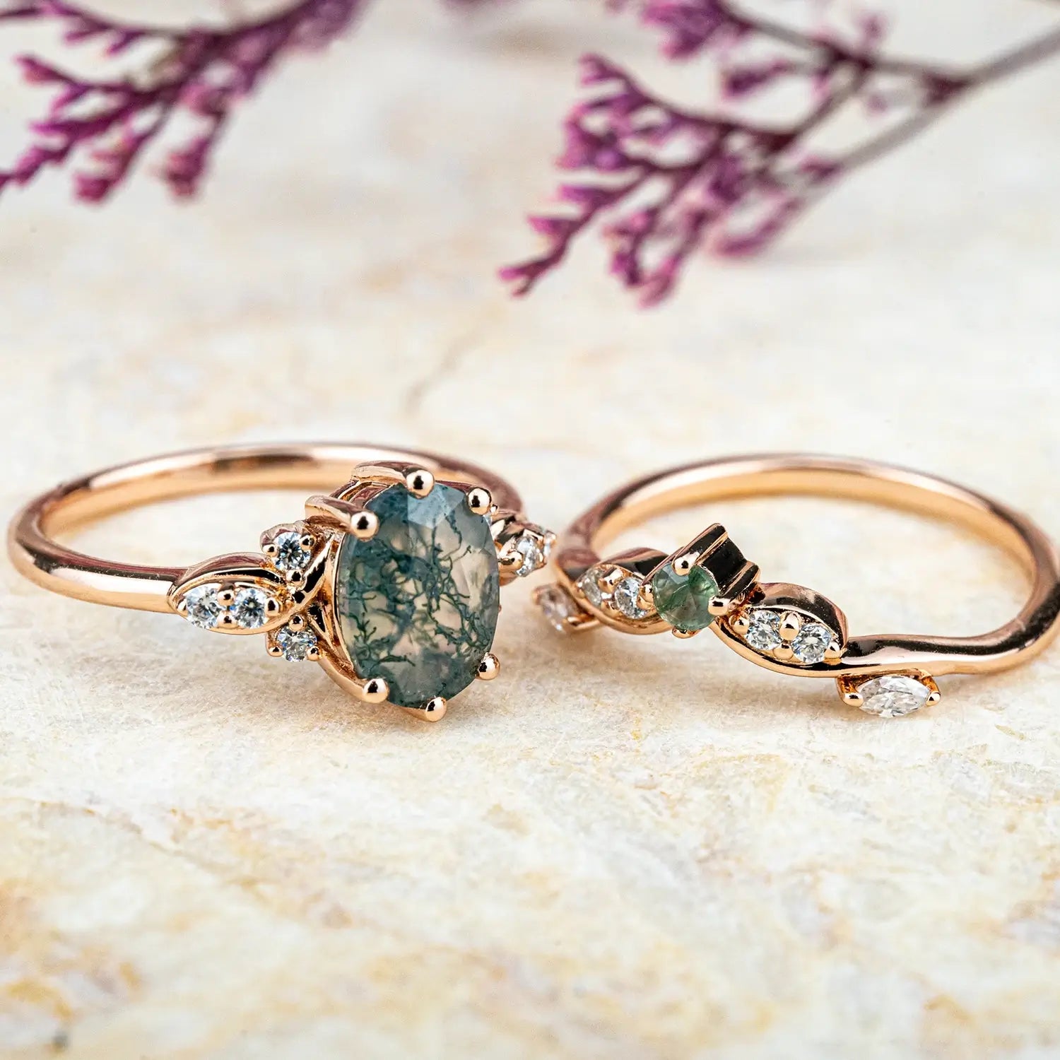 Oval Moss Agate Engagement Ring Set – Luxurious Promise Rings Bridal Sets anniversary gift