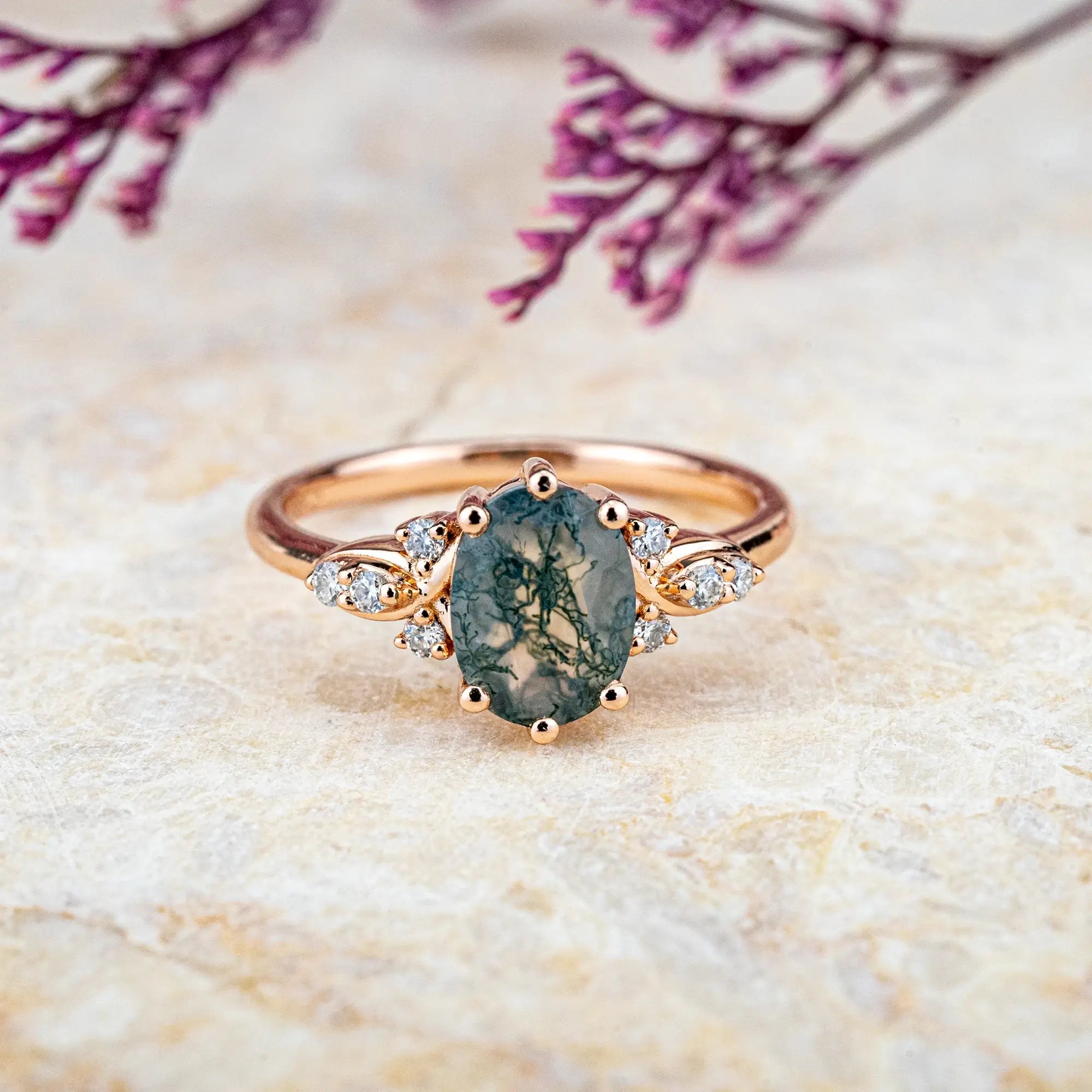 Oval Moss Agate Rose Gold Ring – Unique Elegant Floral-Inspired Design anniversary love ring