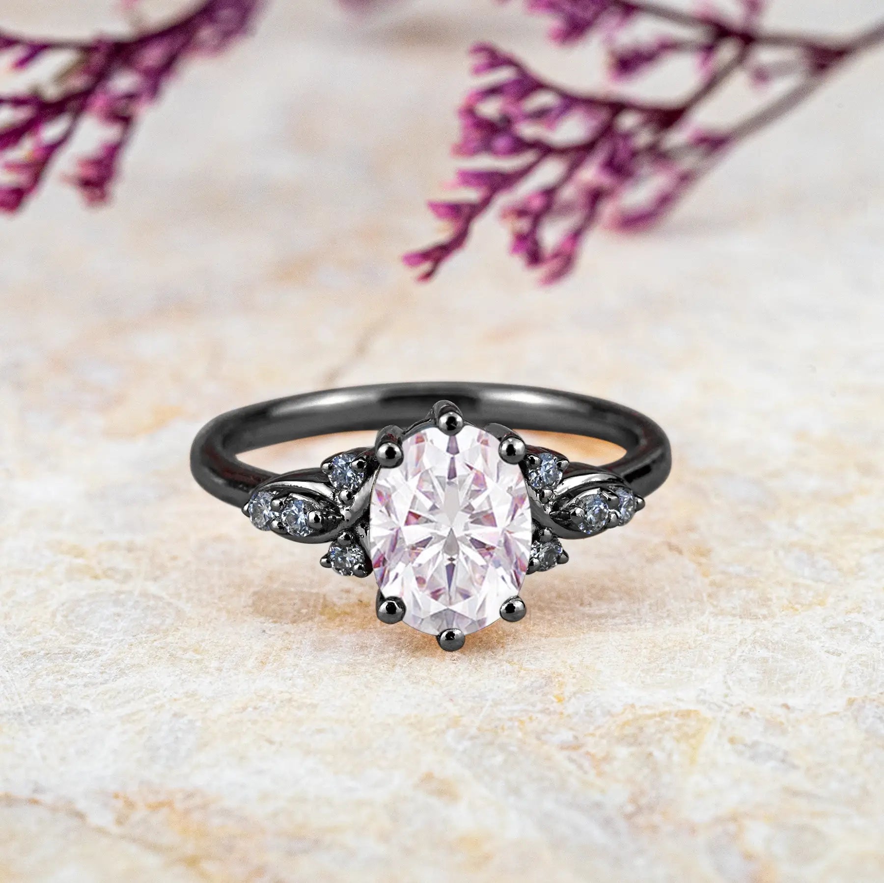 custom Oval Moissanite Floral 18k Black Gold Ring – Unique Luxury Art Promise Rings