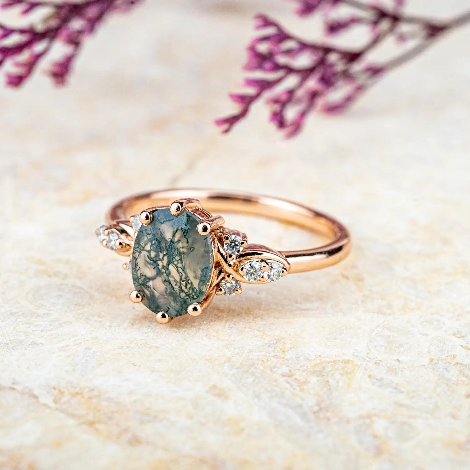 Oval Moss Agate Rose Gold Ring – Unique Elegant Floral-Inspired Design anniversary love ring