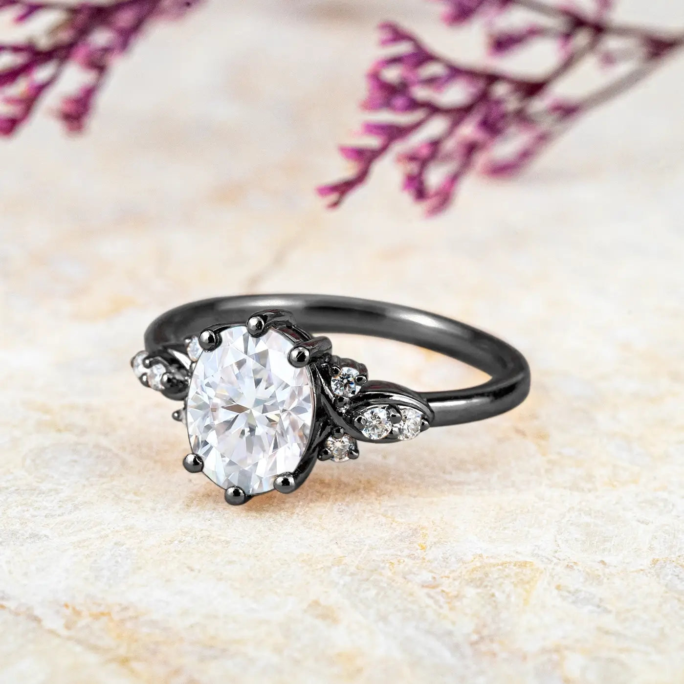 custom Oval Moissanite Floral 18k Black Gold Ring – Unique Luxury Art Promise Rings