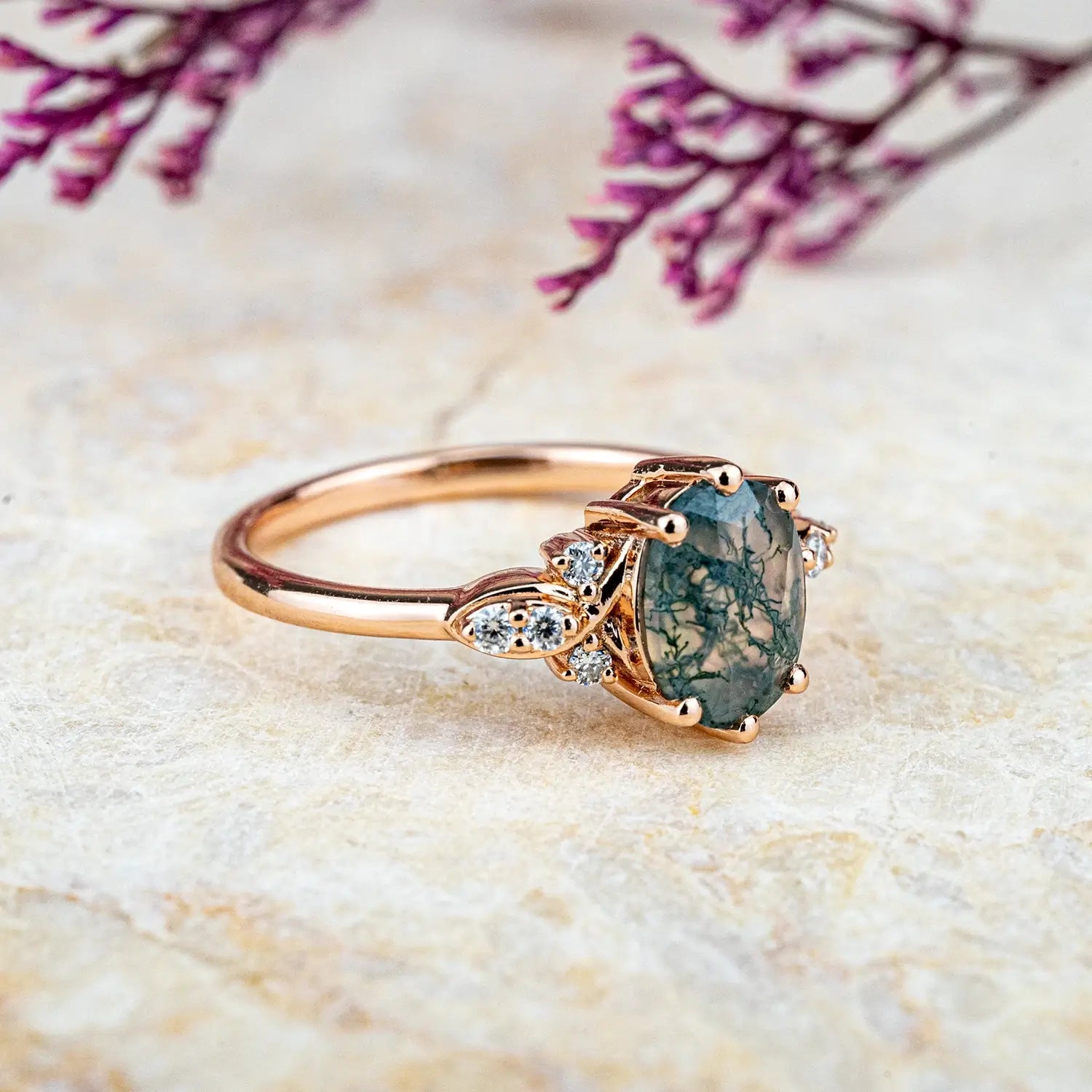 Oval Moss Agate Rose Gold Ring – Unique Elegant Floral-Inspired Design anniversary love ring