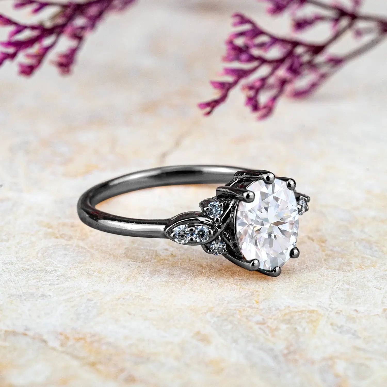 custom Oval Moissanite Floral 18k Black Gold Ring – Unique Luxury Art Promise Rings