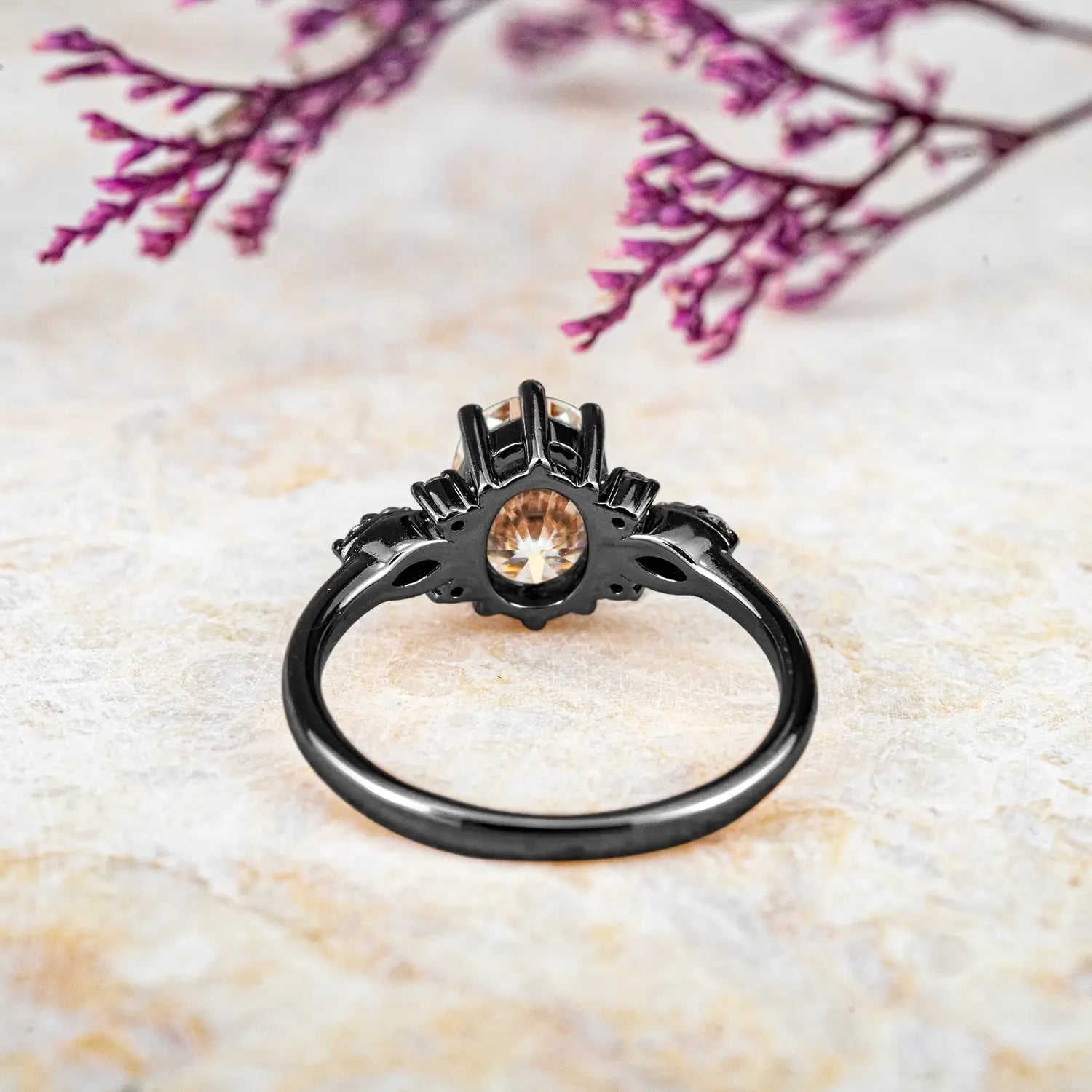 custom Oval Moissanite Floral 18k Black Gold Ring – Unique Luxury Art Promise Rings