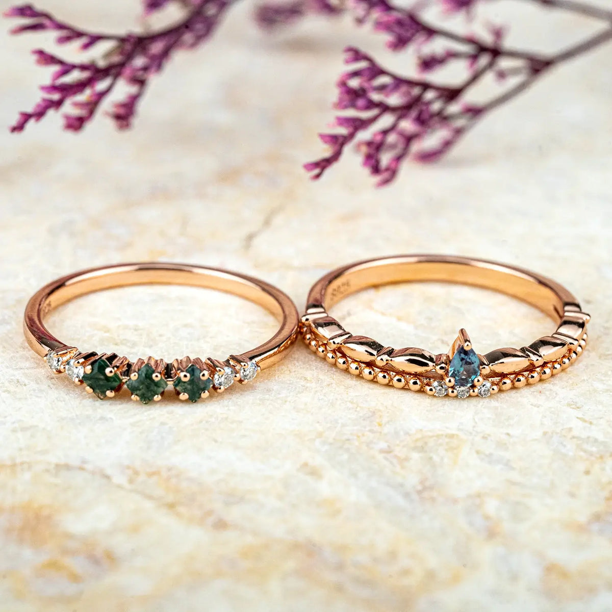 Minimalist Alexandrite Stacking Ring Set – Modern Elegance & Versatile Style 2 piece