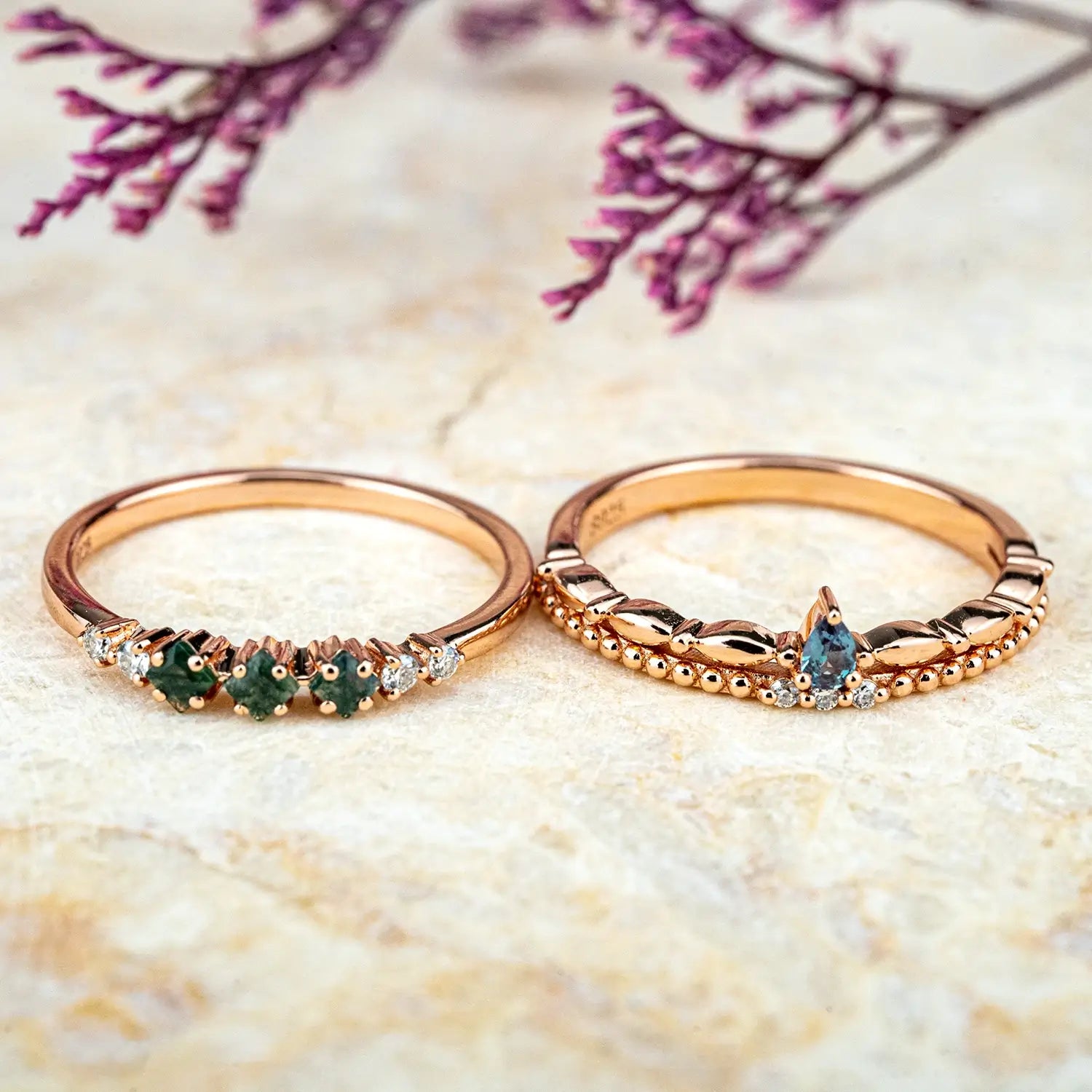 Minimalist Alexandrite Stacking Ring Set – Modern Elegance & Versatile Style 2 piece
