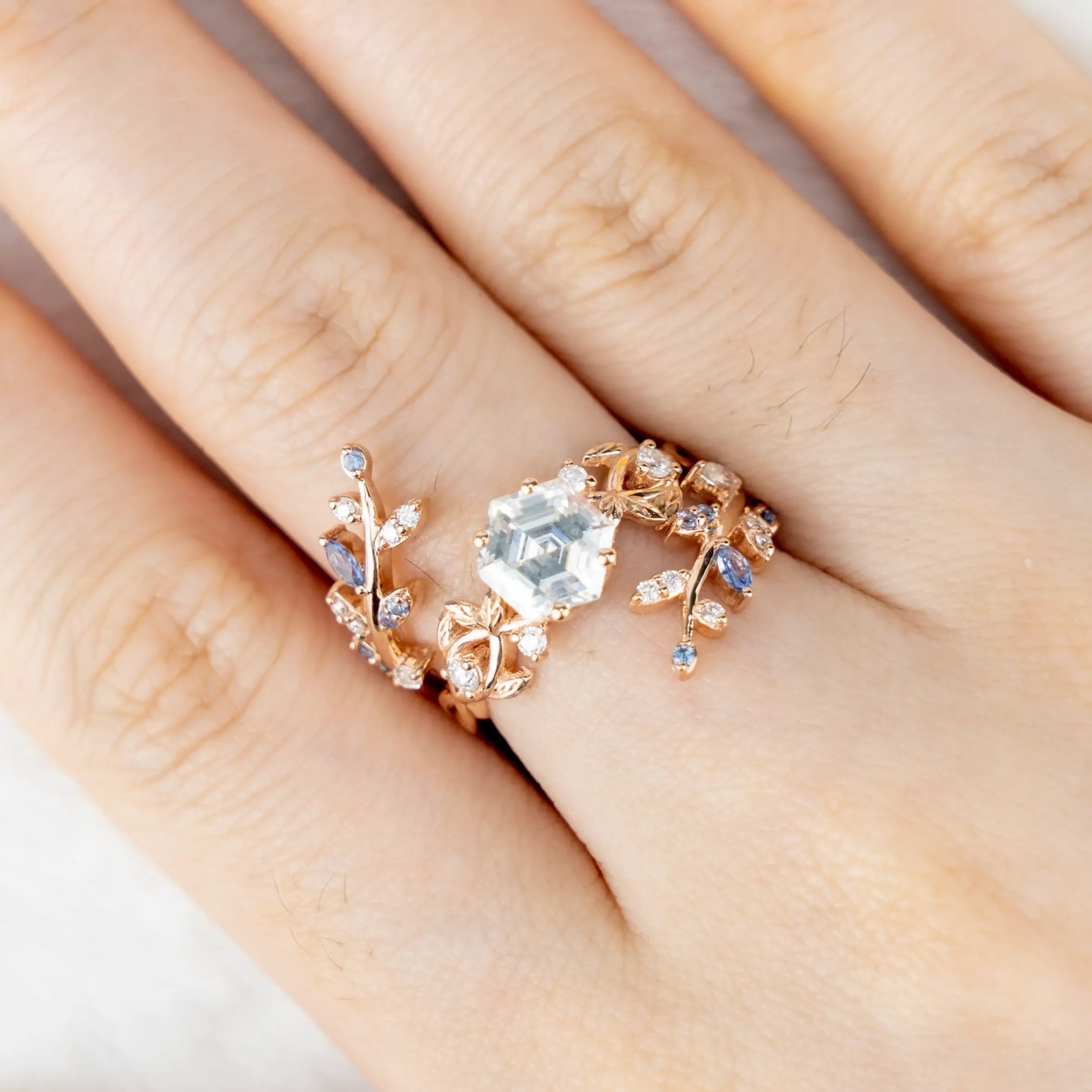 moissanite Leaf Bridal Ring Set - Hexagon Engagement Luxury Art Rings For ladies anniversary jewelry