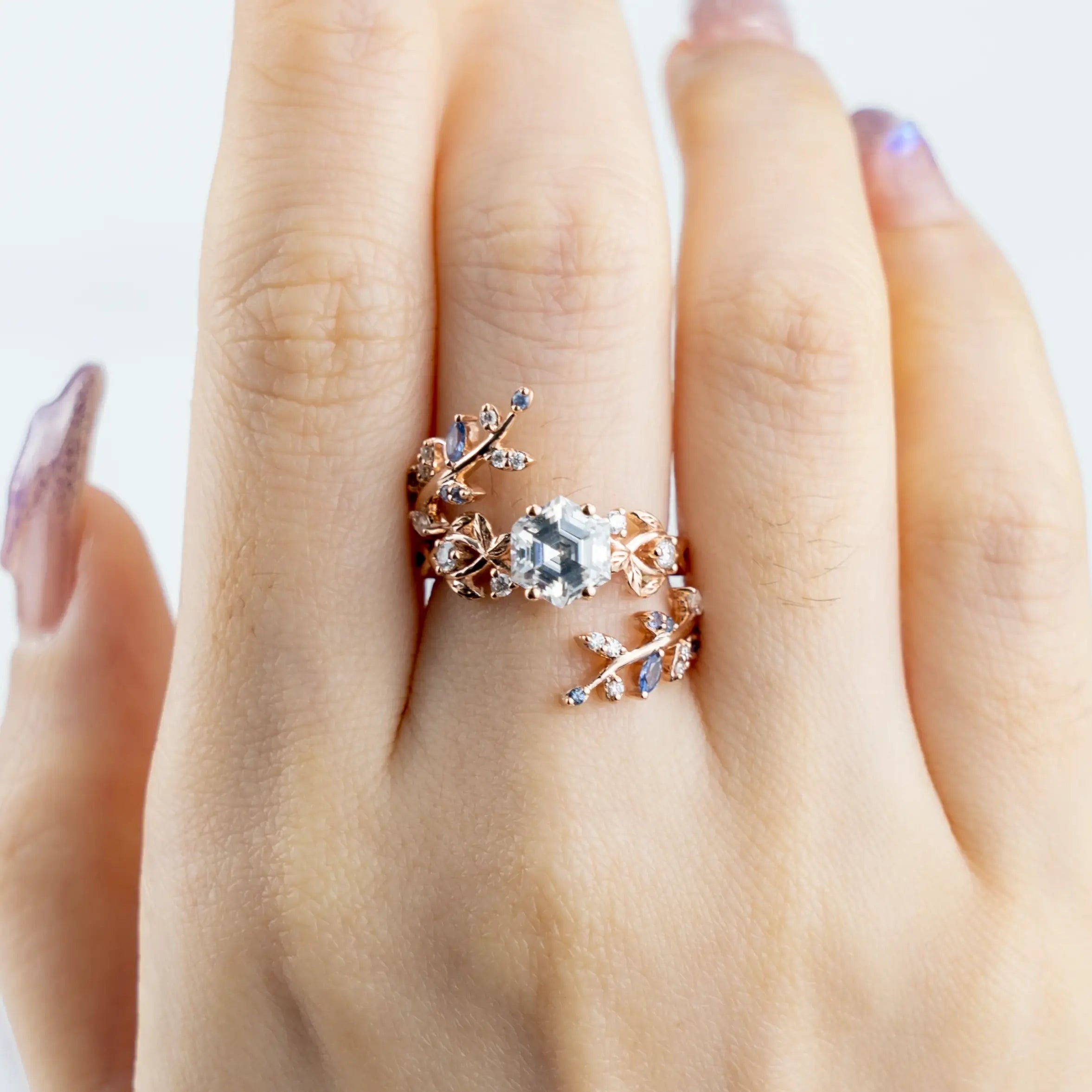 moissanite Leaf Bridal Ring Set - Hexagon Engagement Luxury Art Rings For ladies anniversary jewelry