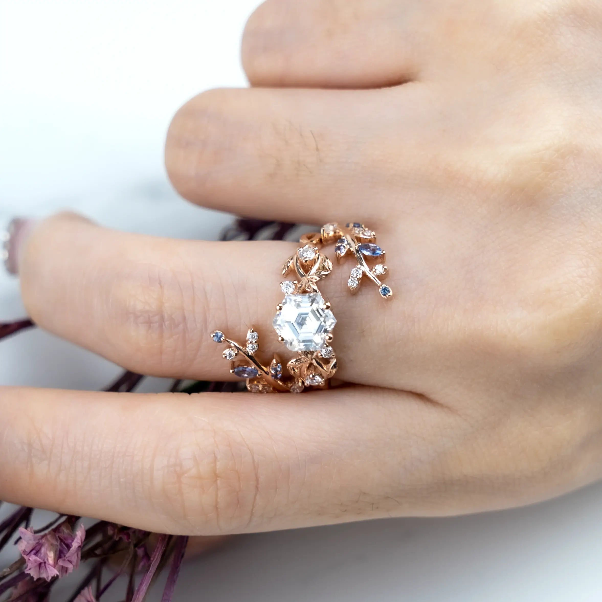 moissanite Leaf Bridal Ring Set - Hexagon Engagement Luxury Art Rings For ladies anniversary jewelry