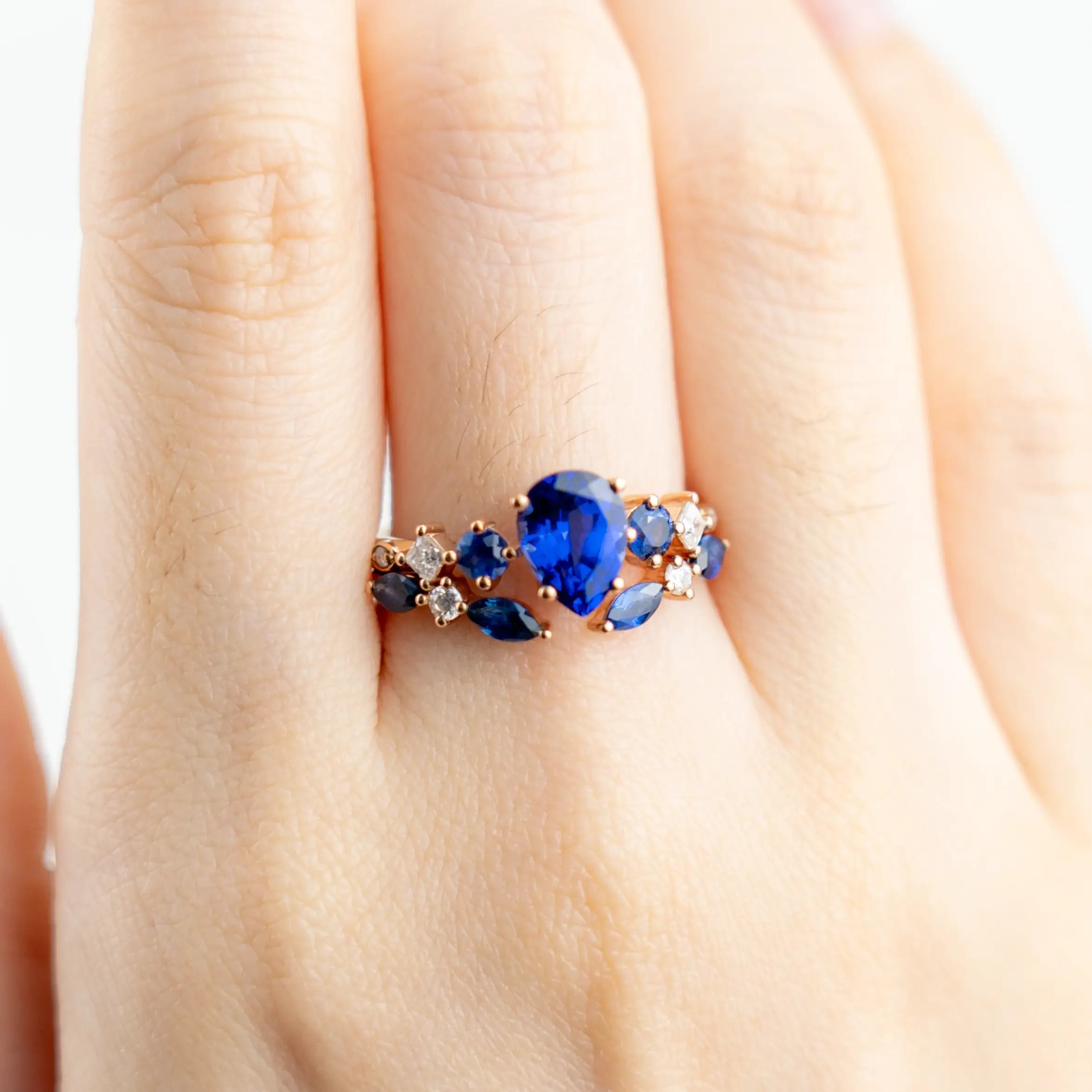 Sapphire Seven-Stone Ring Set – Pear Cut Sapphire Noble and Luxurious Rrt Ring CUSTOM Bridal Sets For ladies