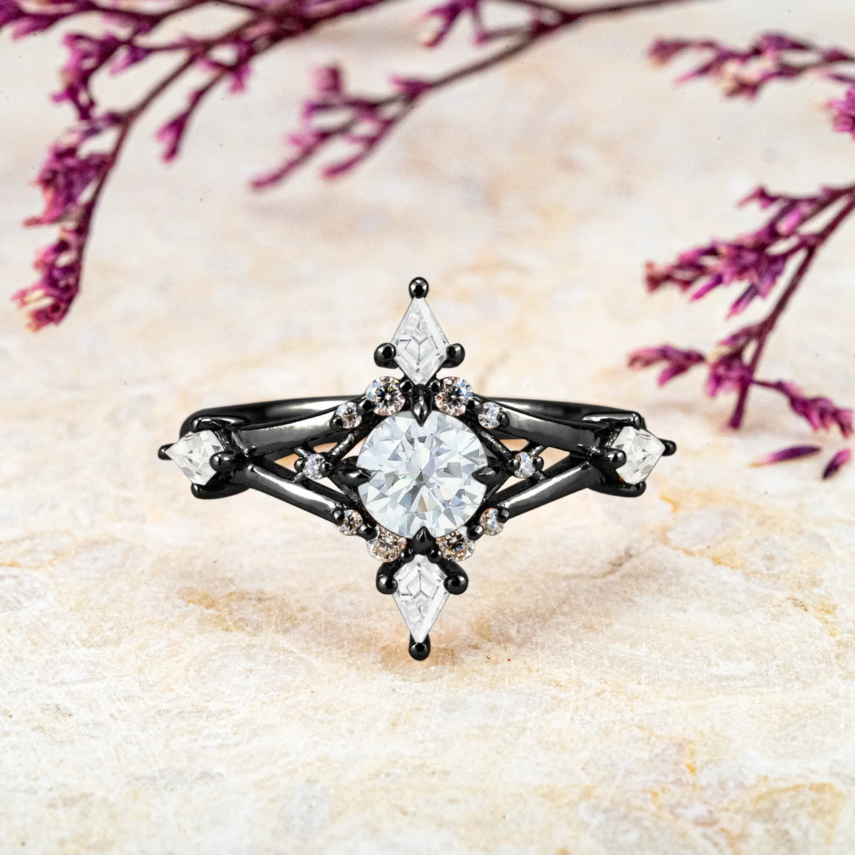 Gothic Black Gold Moissanite Rings – Custom Unique Cross Engagement Ring anniversary gift