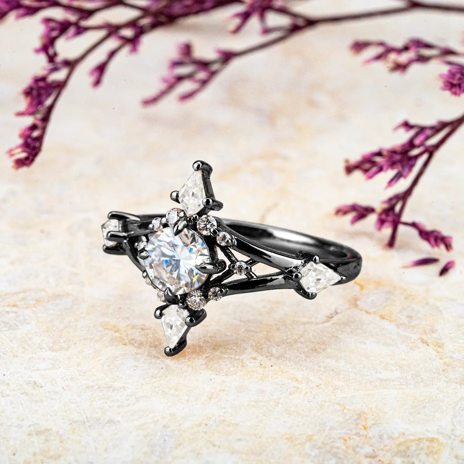 Gothic Black Gold Moissanite Rings – Custom Unique Cross Engagement Ring anniversary gift for ladies