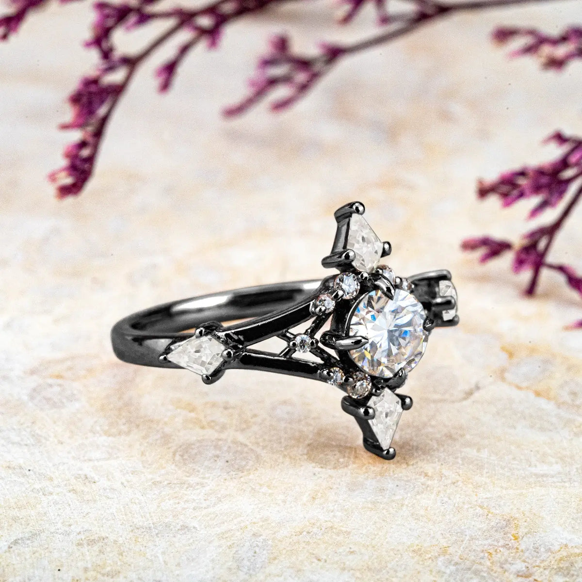 Gothic Black Gold Moissanite Rings – Custom Unique Cross Engagement Ring anniversary gift