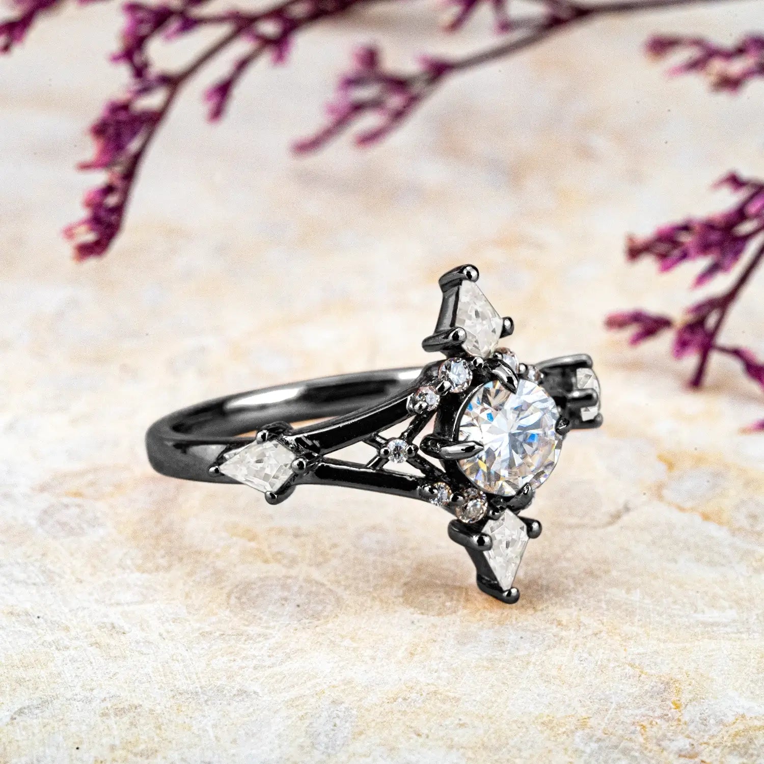 Gothic Black Gold Moissanite Rings – Custom Unique Cross Engagement Ring anniversary gift