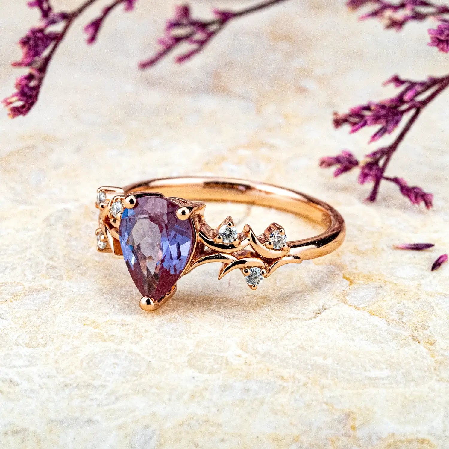 Pear Cut Alexandrite Engagement Rings Nature-Inspired Twig Promise Ring custom 18k rose gold ring for ladies