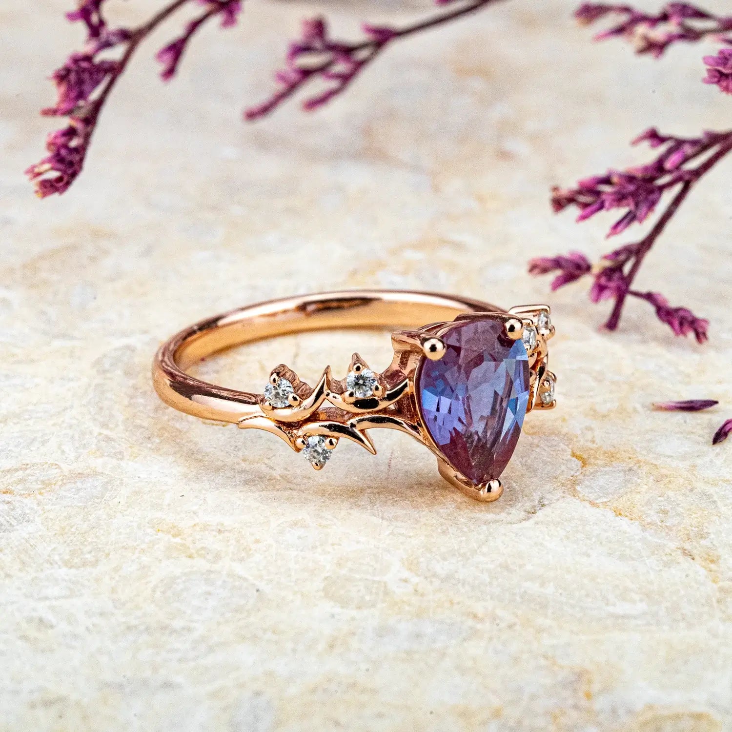 Pear Cut Alexandrite Engagement Rings Nature-Inspired Twig Promise Ring custom 18k rose gold ring for ladies