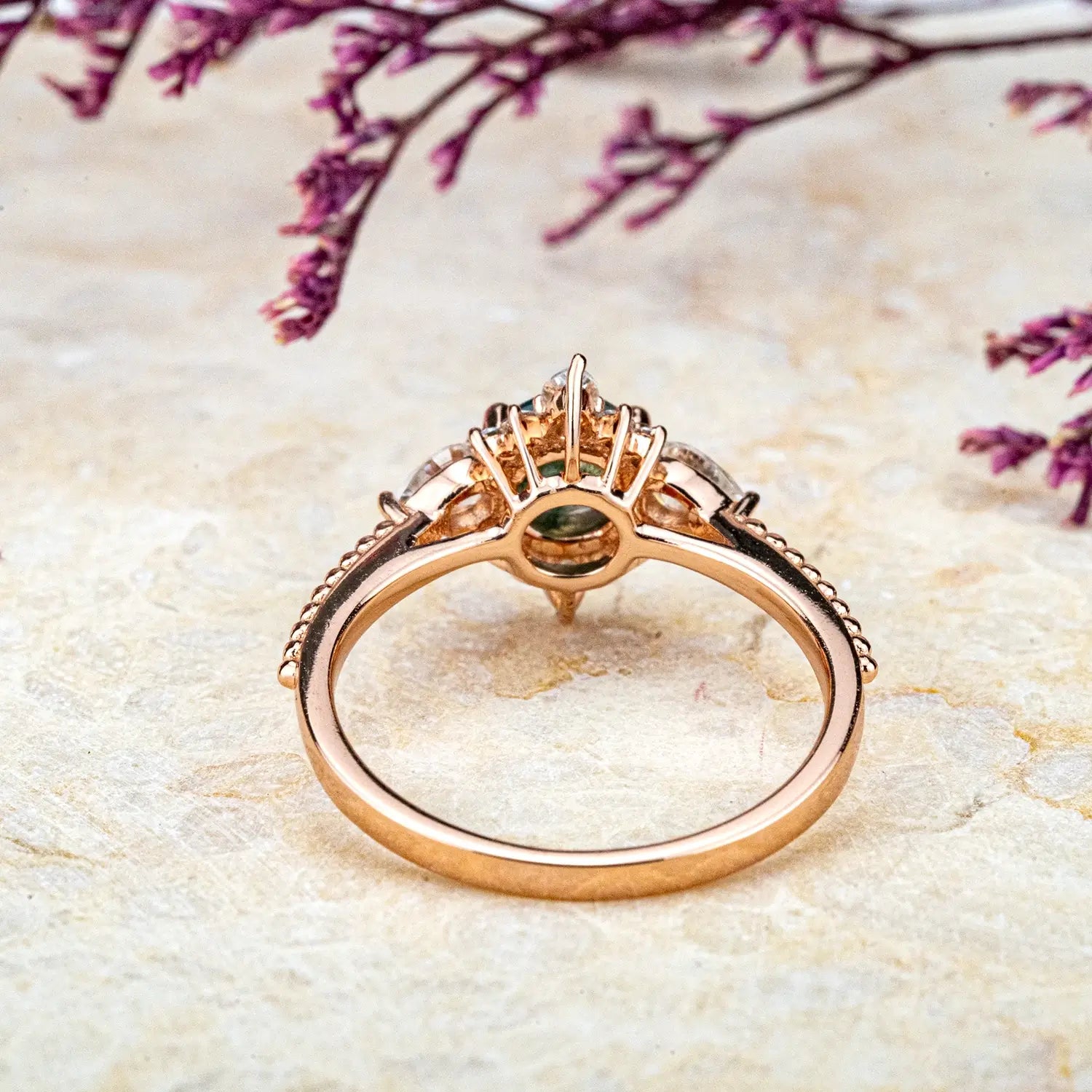 Anillo Halo de Ágata Musgo Redonda - Regalo Único para Bodas y Aniversarios