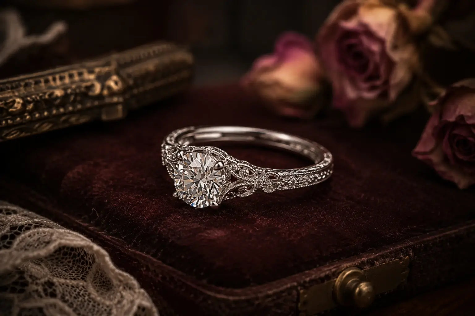 Edwardian engagement ring with delicate filigree milgrain and lace inspired vintage gold details