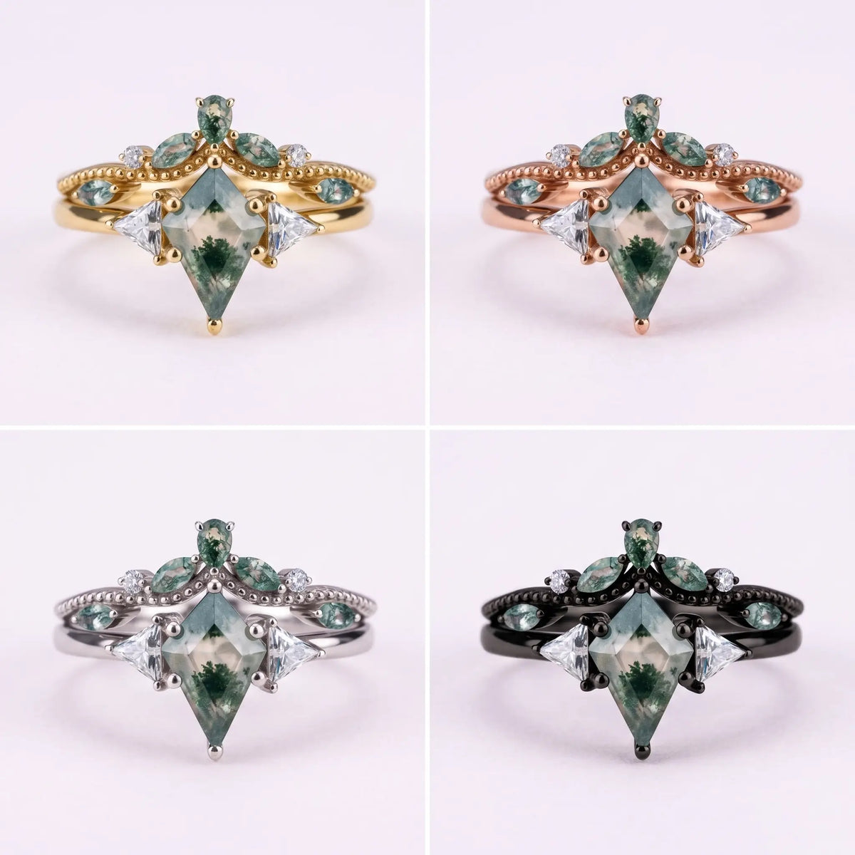A vintage bridal ring set consisting of four rings in different materials and colors.