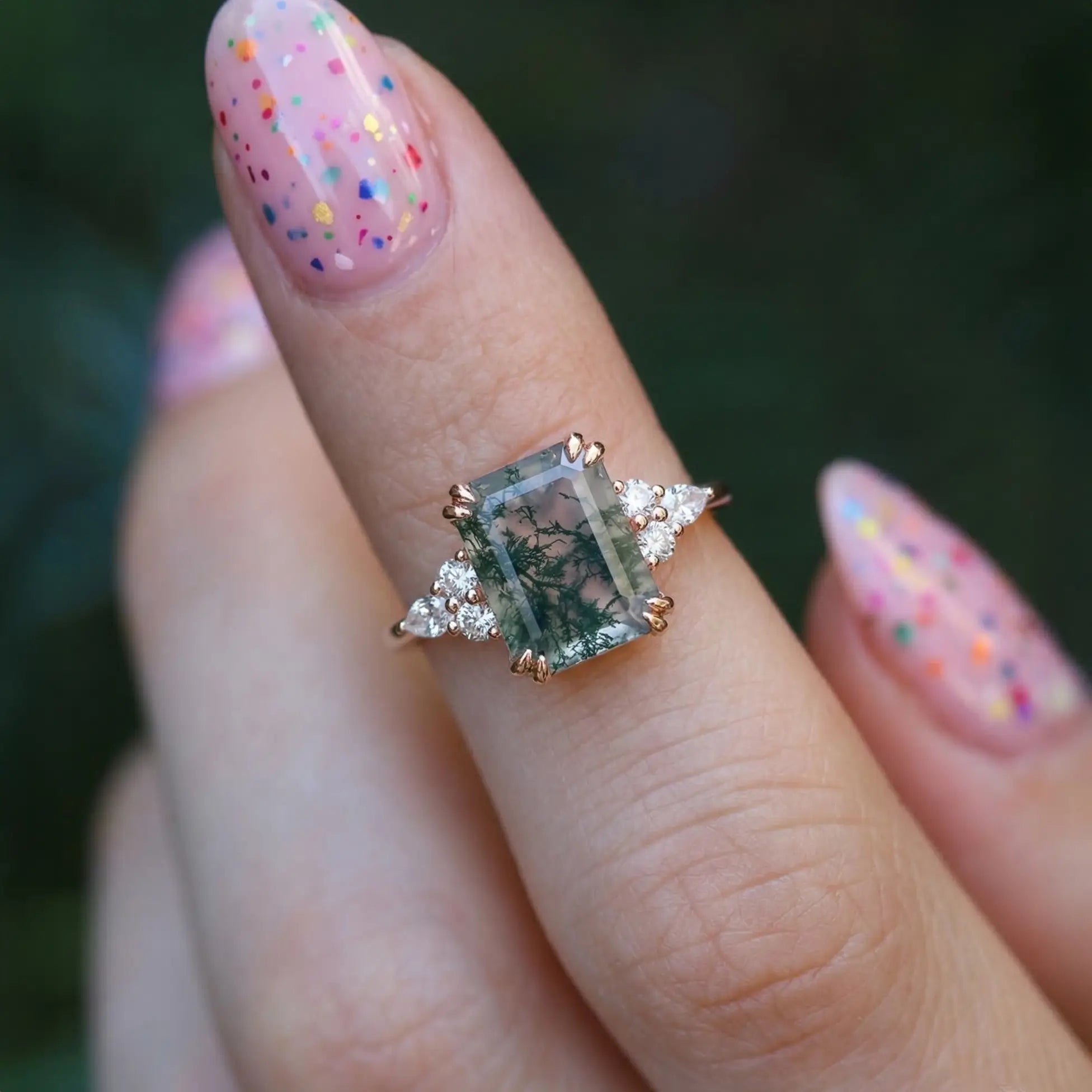 Orleone Custom Moss Agate Engagement Rings 18k rose gold rings for women gift natural gemstone