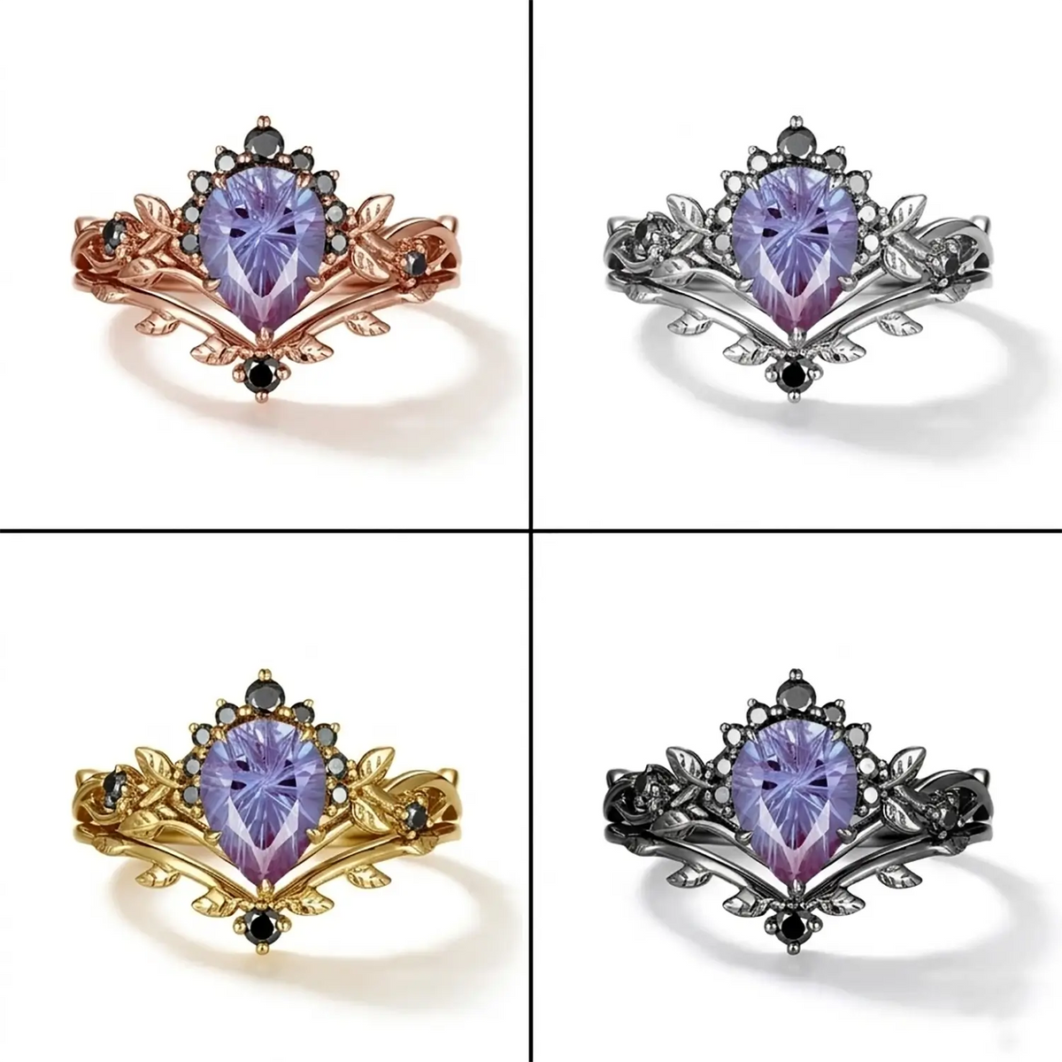 Fireworks Pear Cut Alexandrite Engagement Ring Set Black Gold Leaf Halo Band Gothic - Aurora