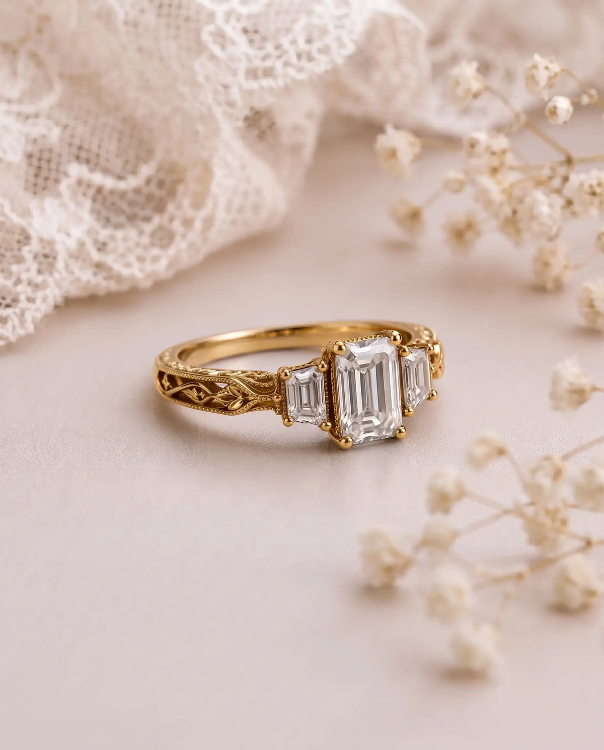 Fine milgrain detail on a vintage inspired Art Deco moissanite engagement ring