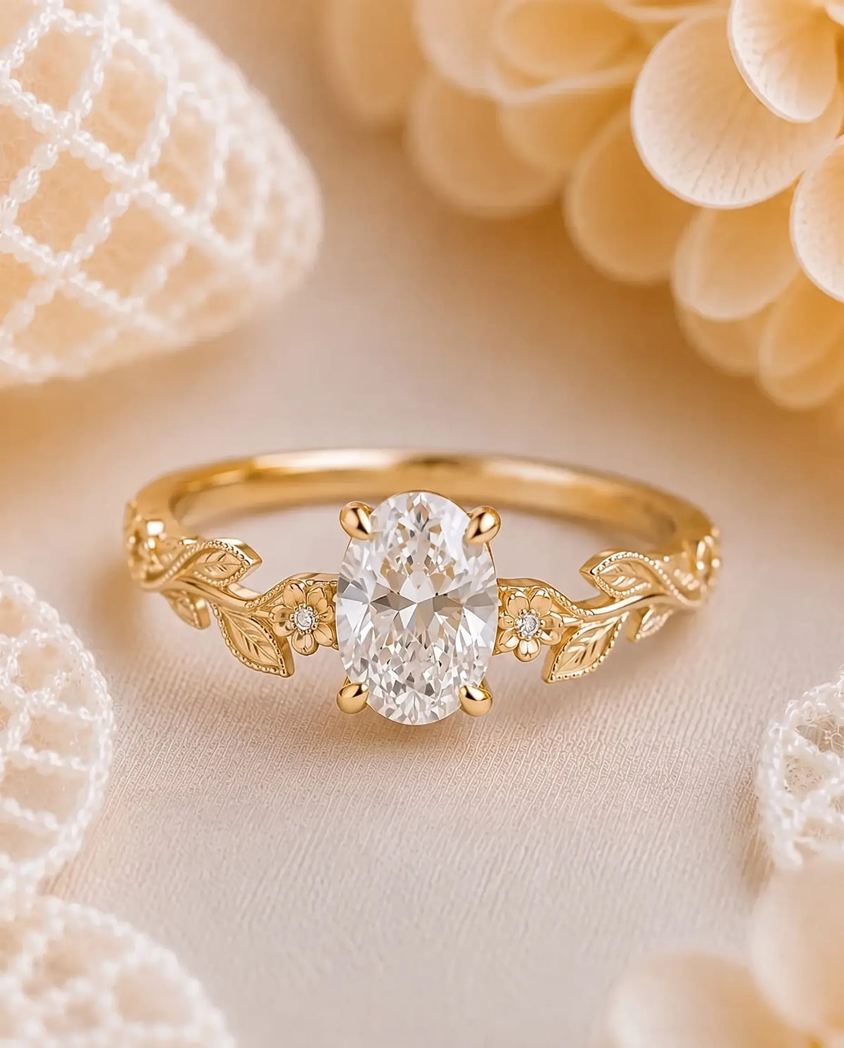 Milgrain-style edging along the floral ring band