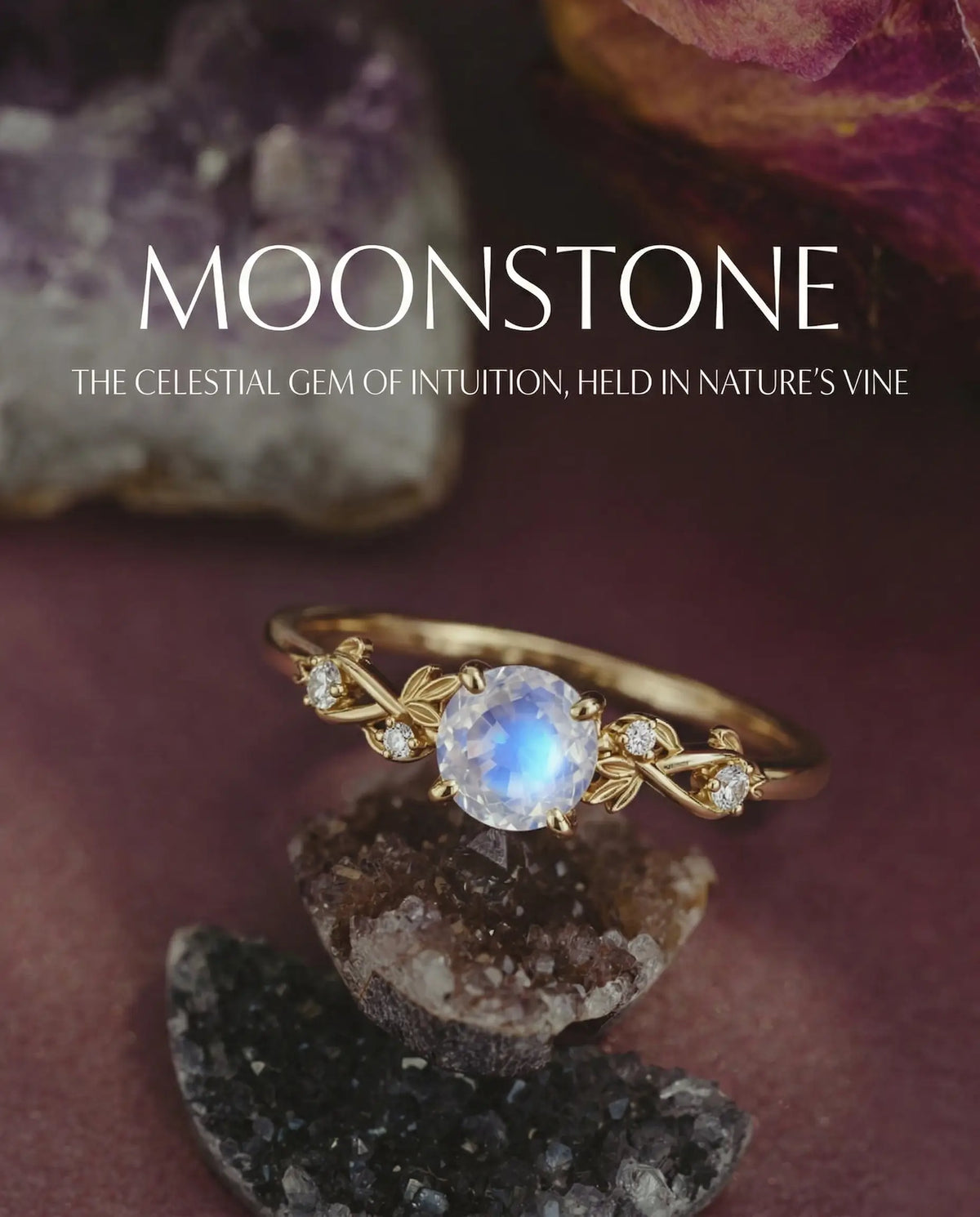 unique moonstone leaf ring round center stone nature inspired engagement ring for women orleone jewelry