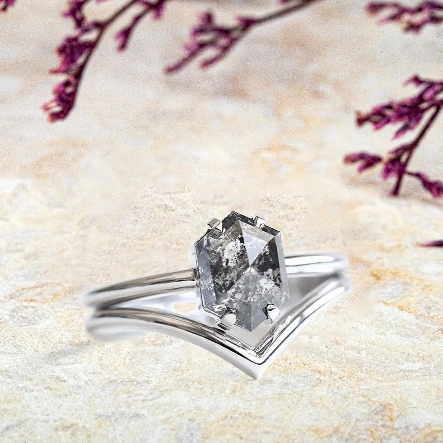 Hexagon Salt and Pepper Diamond Ring Sets Minimalist Luxury White Gold Rings Promise Gift