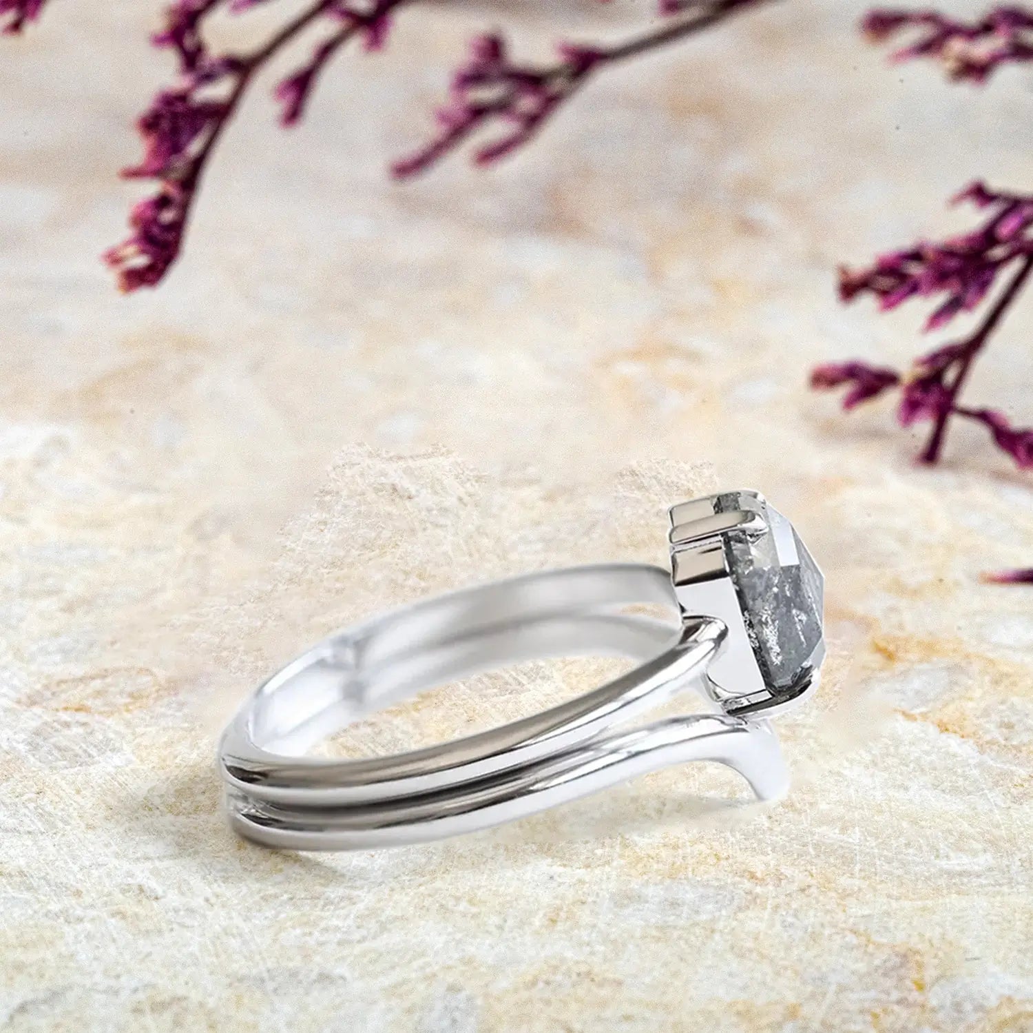 Hexagon Salt and Pepper Diamond Ring Sets Minimalist Luxury White Gold Rings Promise Gift