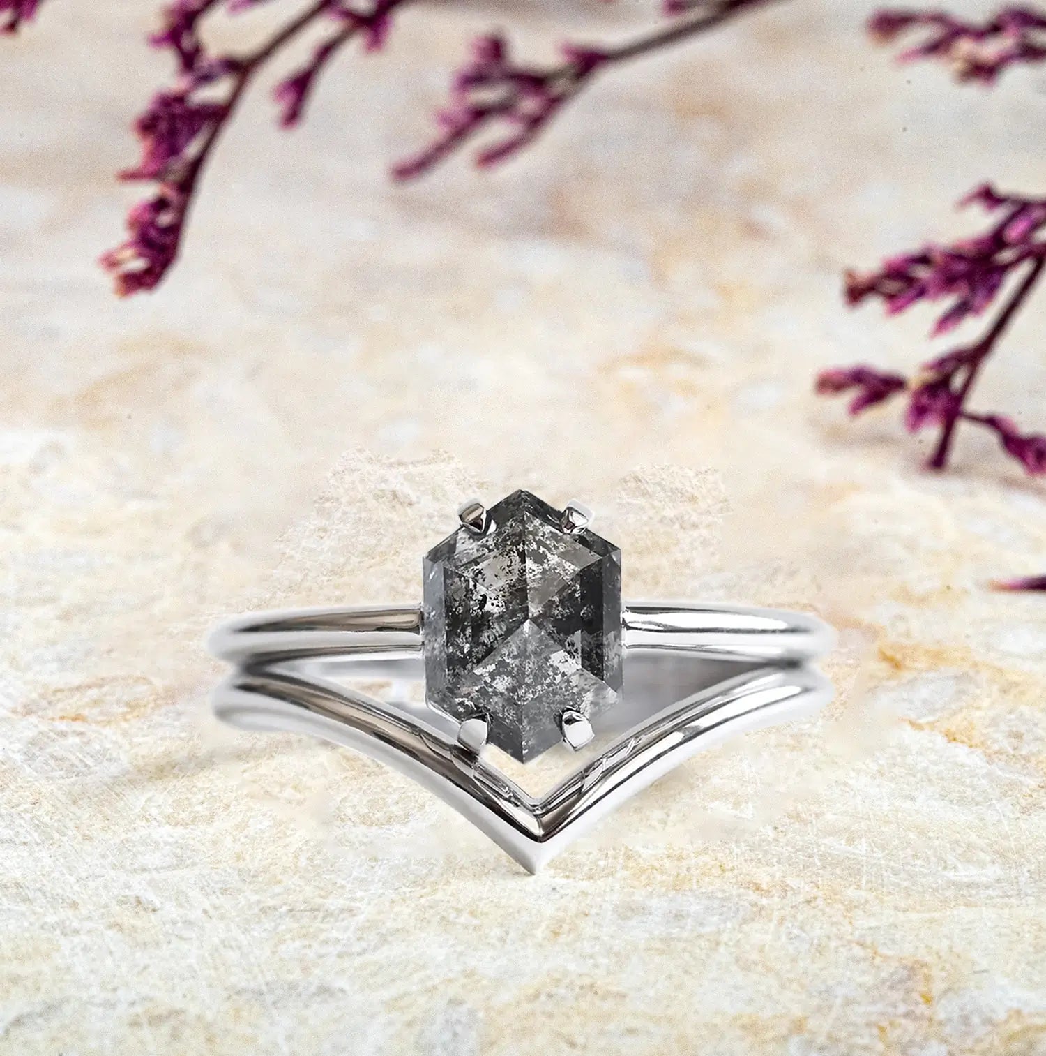 Hexagon Salt and Pepper Diamond Ring Set Minimalist Luxury White