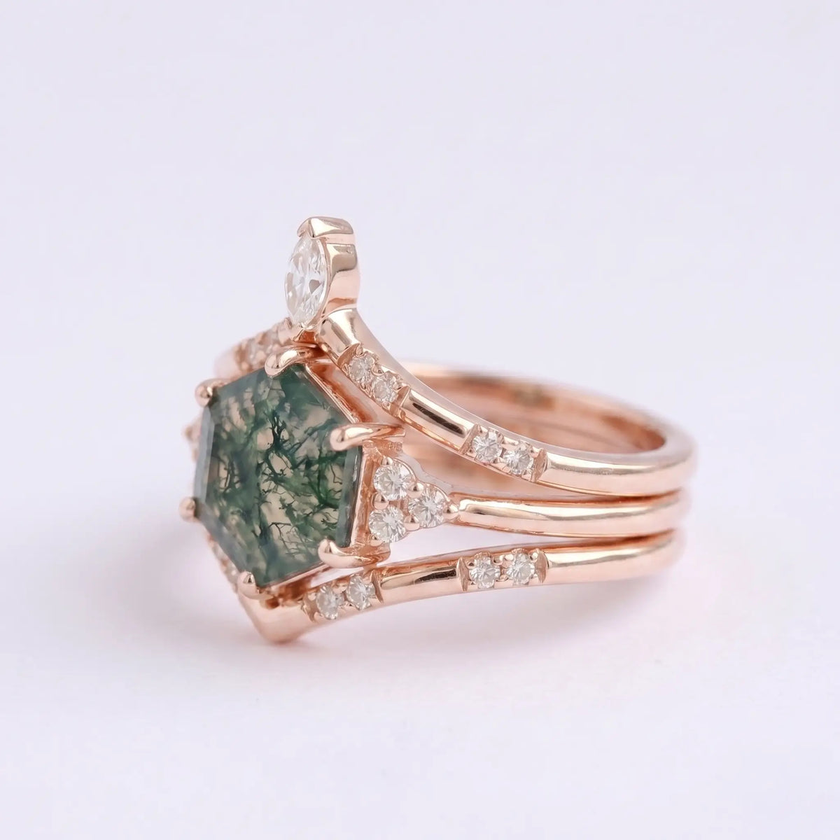 Hexagon Moss Agate Trio Ring Set – Luxurious Cluster Design Promise Gift