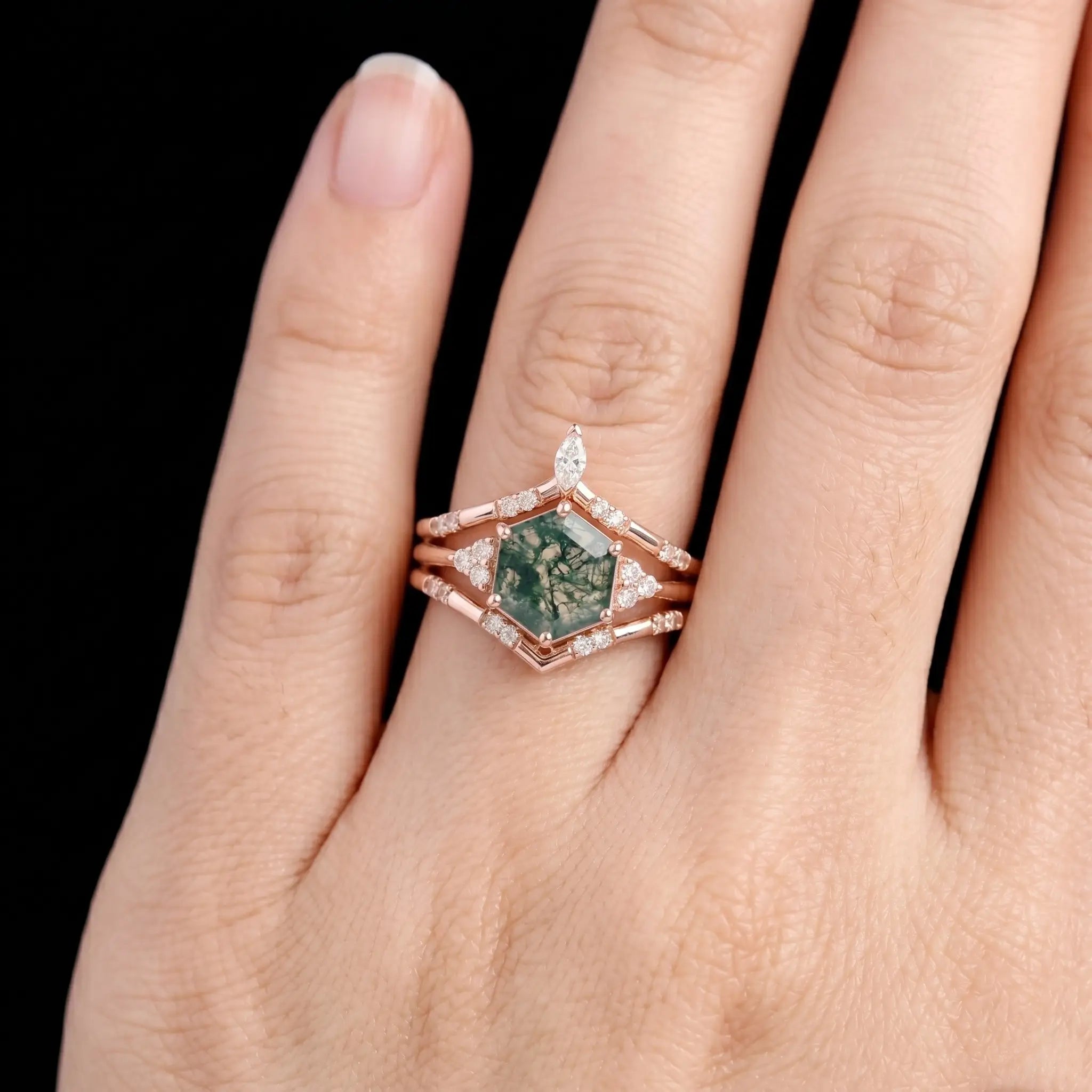 Hexagon Moss Agate Trio Ring Set – Luxurious Cluster Design Promise Gift for women
