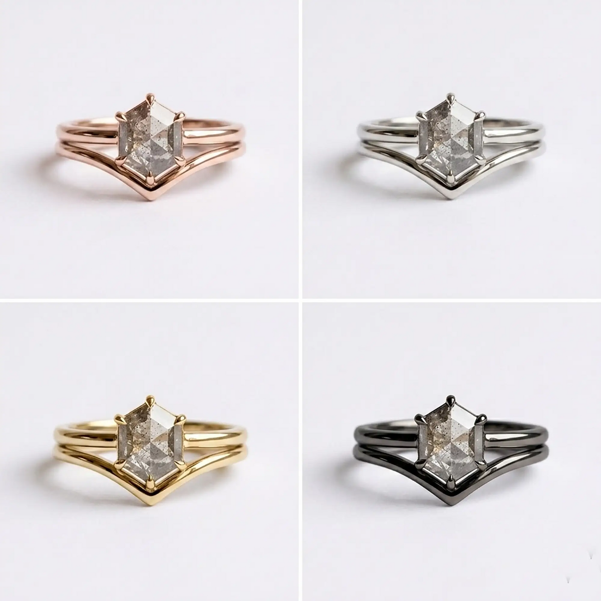 Hexagon Salt and Pepper Diamond Ring Sets Minimalist Luxury White Gold Rings