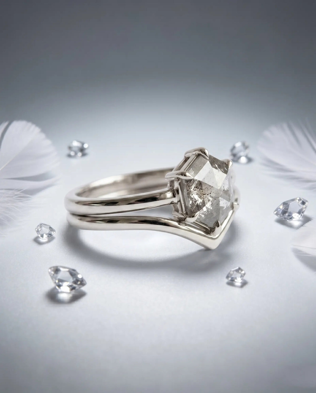 Hexagon Salt and Pepper Diamond Ring Sets Minimalist Luxury White Gold Rings