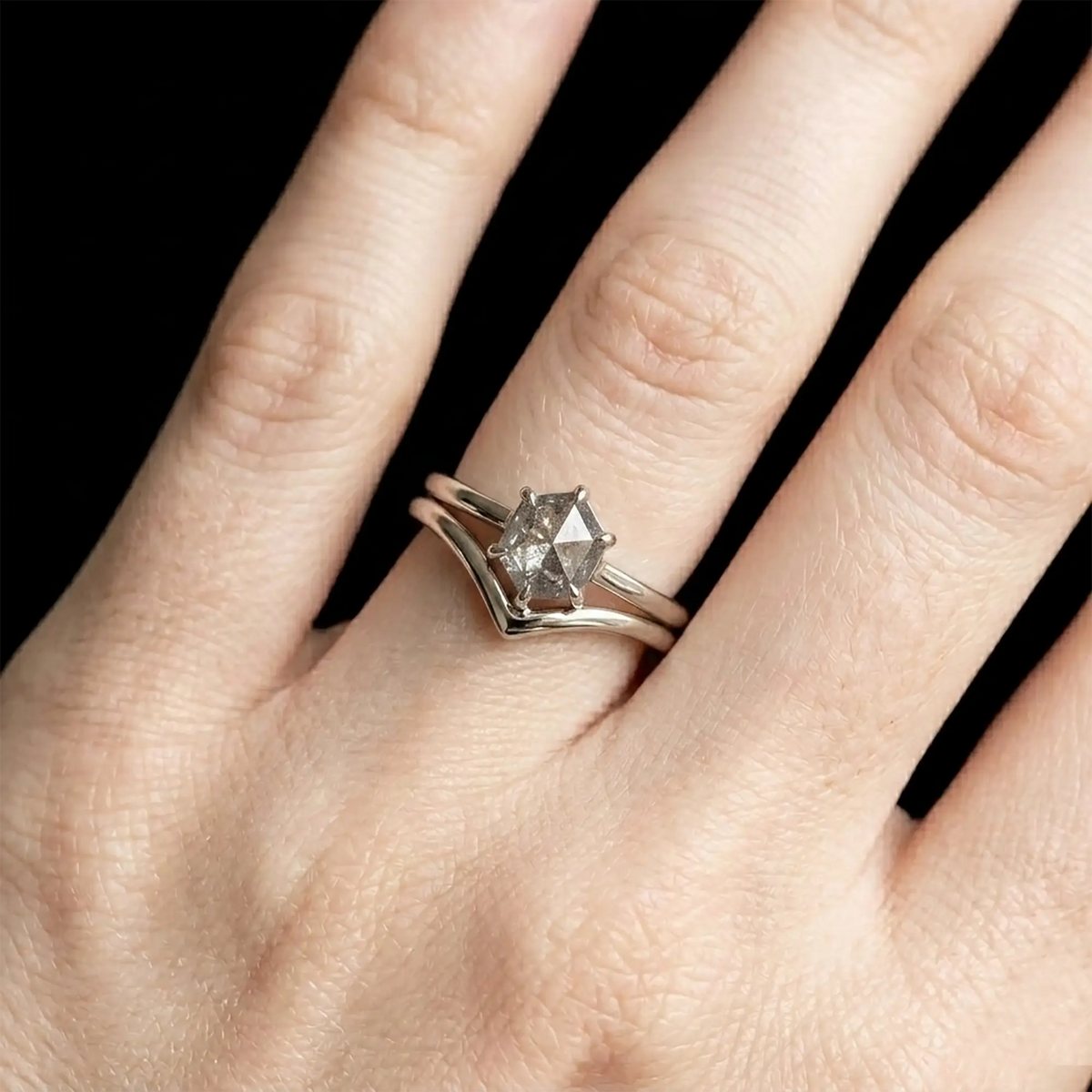 Hexagon Salt and Pepper Diamond Ring Sets White Gold Rings for women gift
