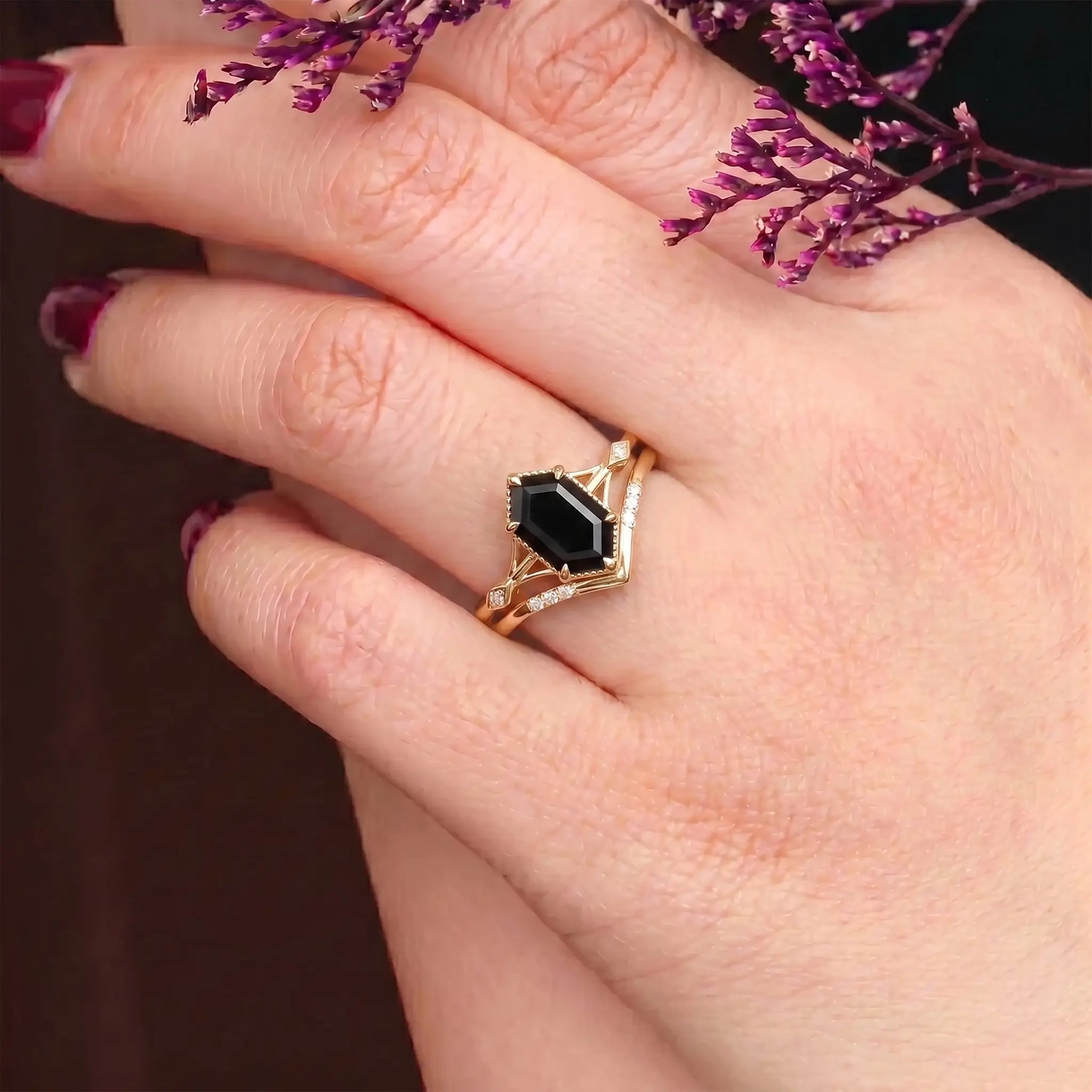 Hexagonal Black Onyx Bridal Ring Set — Vintage Art Deco Style Women's Ring, Anniversary Gift