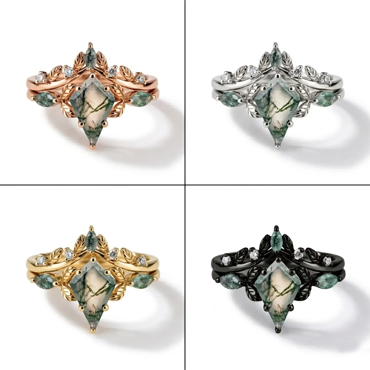 leaf engagement ring moss agate gemstone kite shape 4 materia color