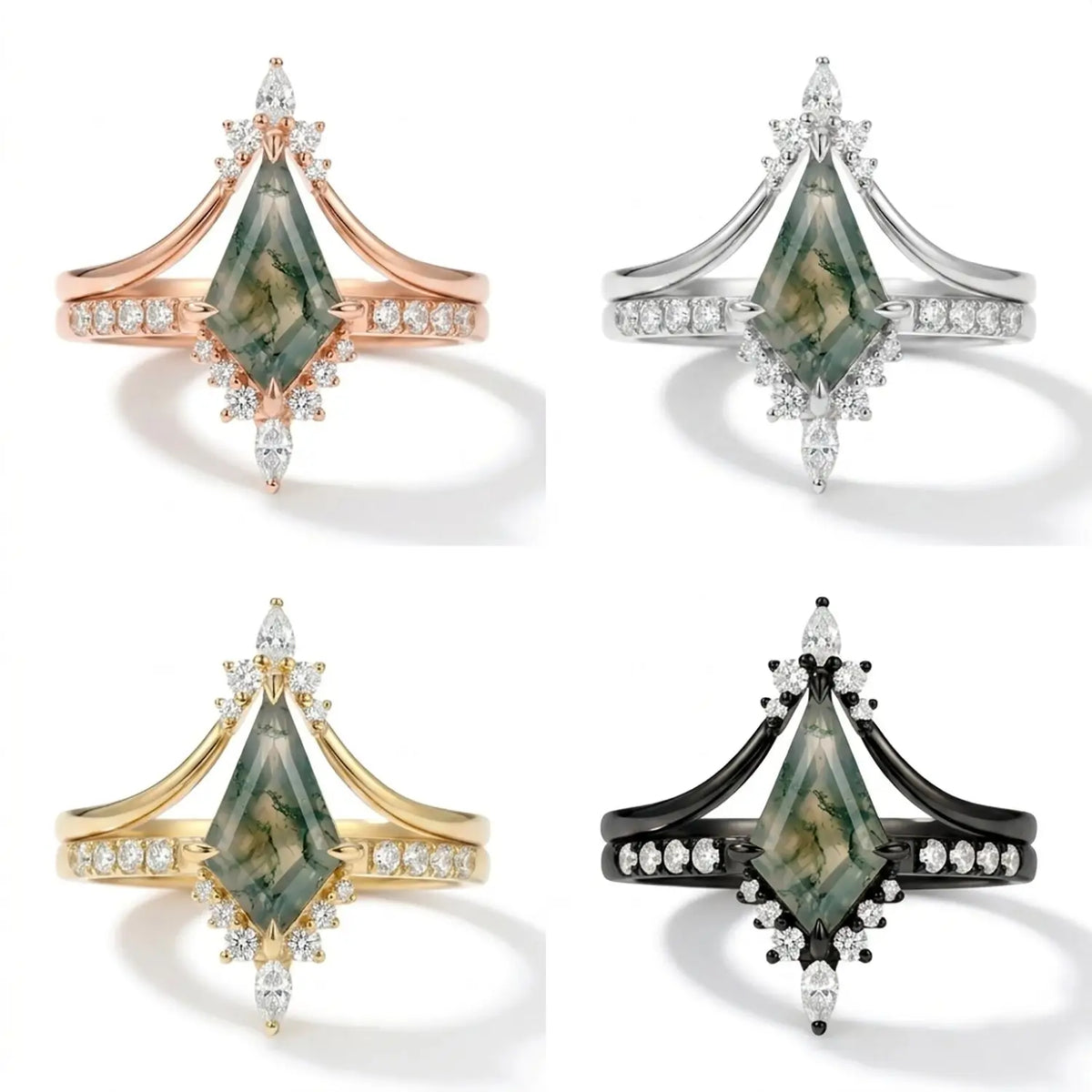 Kite Cut Moss Agate Bridal Ring Sets – Minimalist Promise Ring with Moissanite -Sylvara